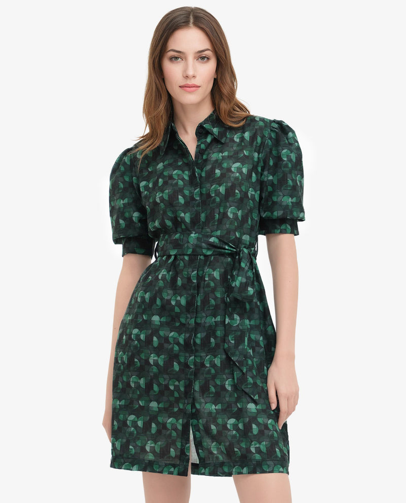 Rareism Women Cynthia Dark Green Linen Fabric Geometric Print Collared Dress In Linen