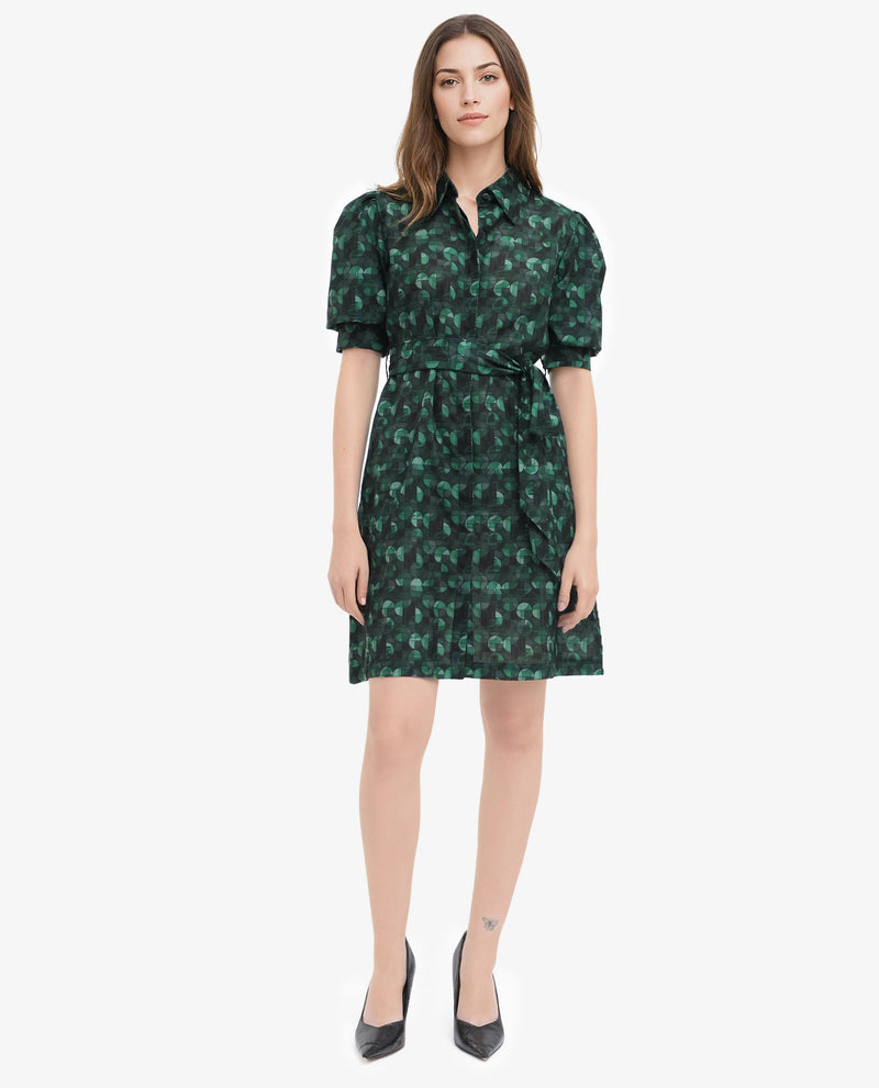 Rareism Women Cynthia Dark Green Linen Fabric Geometric Print Collared Dress In Linen