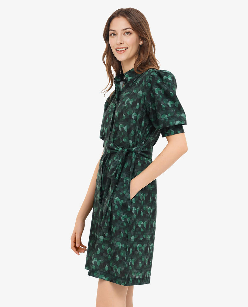 Rareism Women Cynthia Dark Green Linen Fabric Geometric Print Collared Dress In Linen