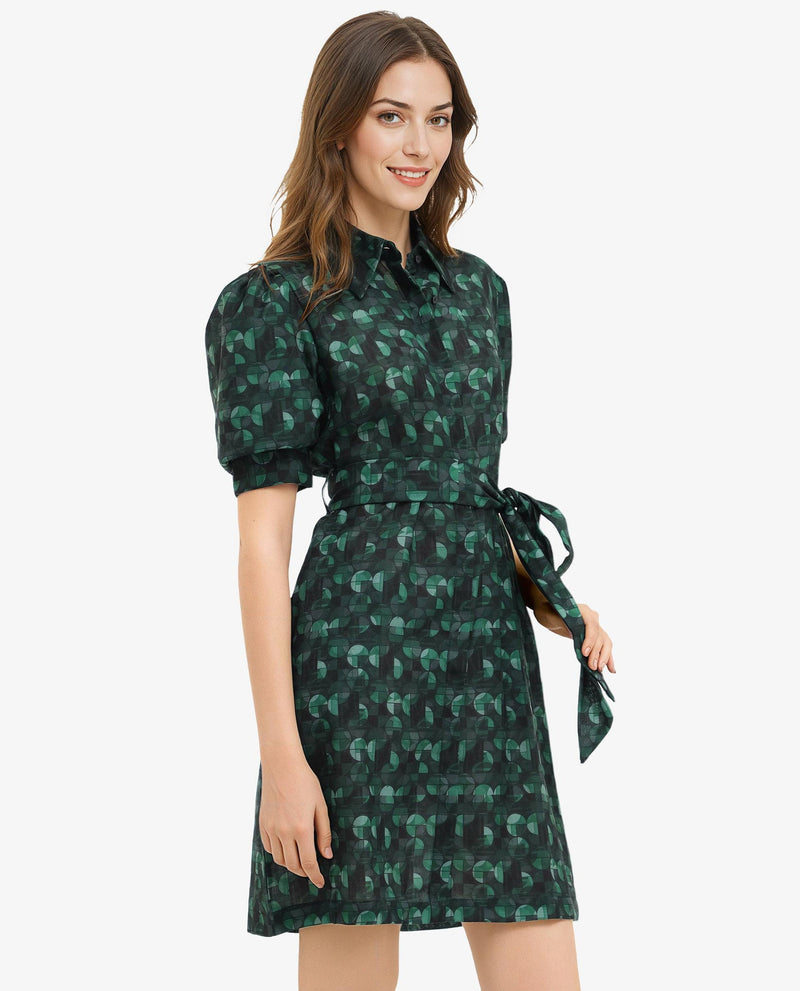 Rareism Women Cynthia Dark Green Linen Fabric Geometric Print Collared Dress In Linen