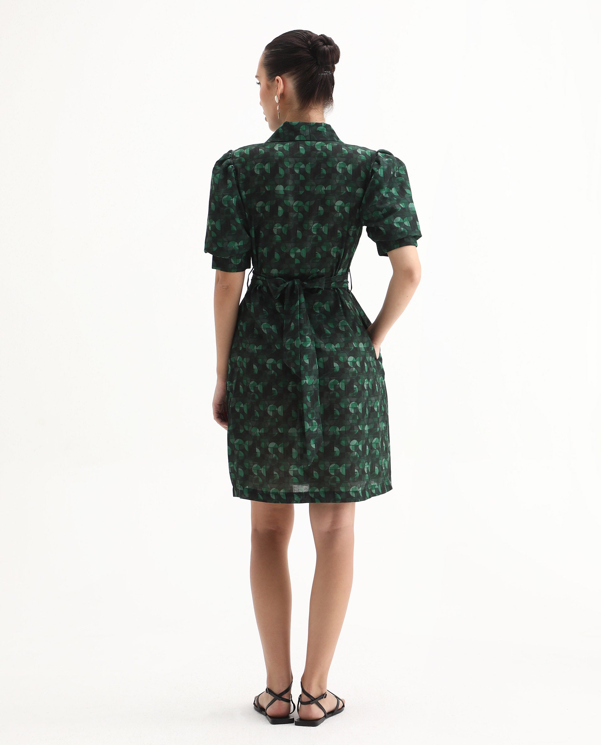 Rareism Women's Cynthia Dark Green Linen Drop Collar Abstract Print Puff Sleeves Mini Straight Fit Dress