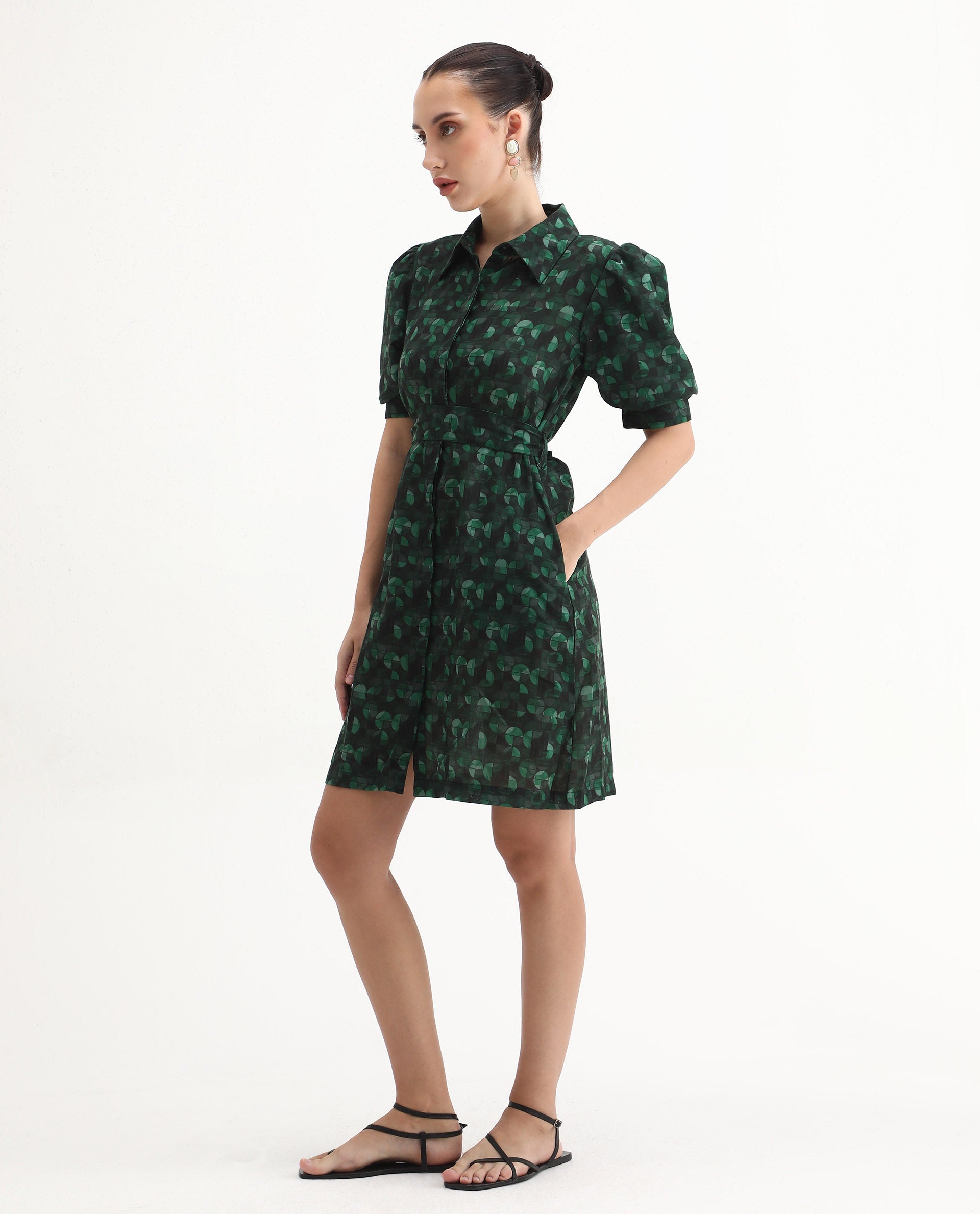 Rareism Women's Cynthia Dark Green Linen Drop Collar Abstract Print Puff Sleeves Mini Straight Fit Dress