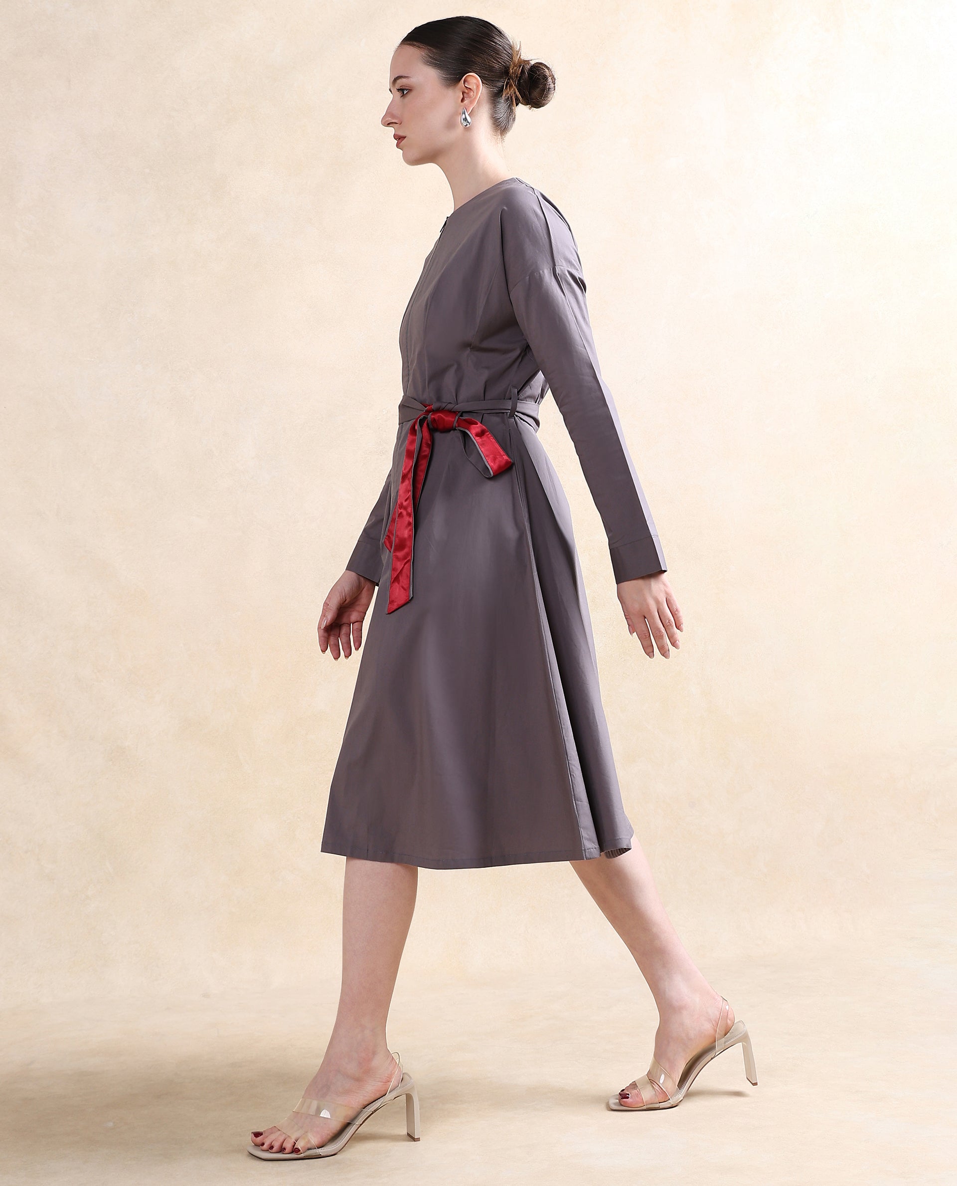 Rareism Women Cyti Grey Cotton Blend Fabric Cuffed Sleeve Round Neck Zipper Closure Flared Knee Length Plain Dress
