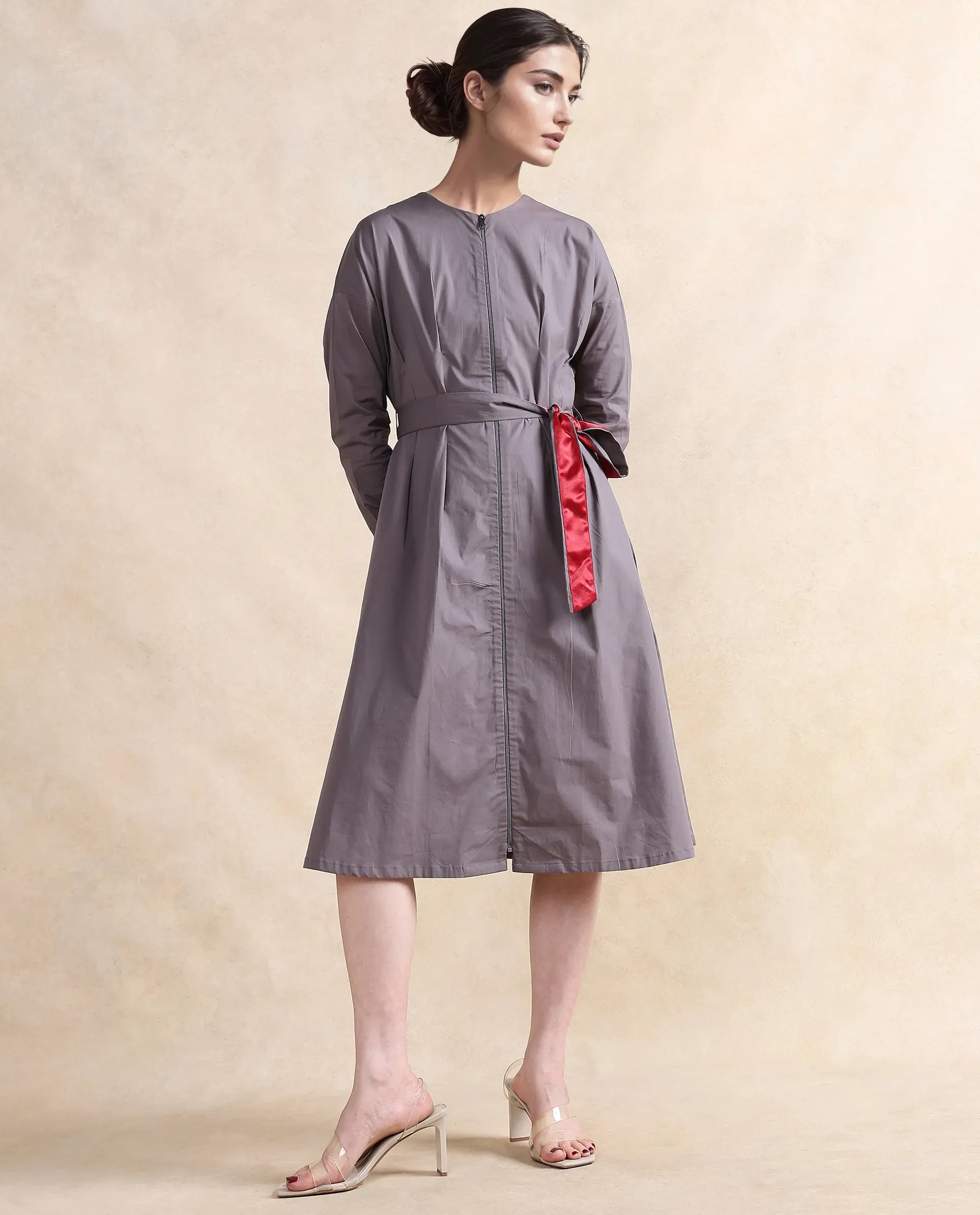 Rareism Women's Cyti Grey Cotton Blend Round Neck Plain Cuffed Sleeve Knee Length Flared Dress