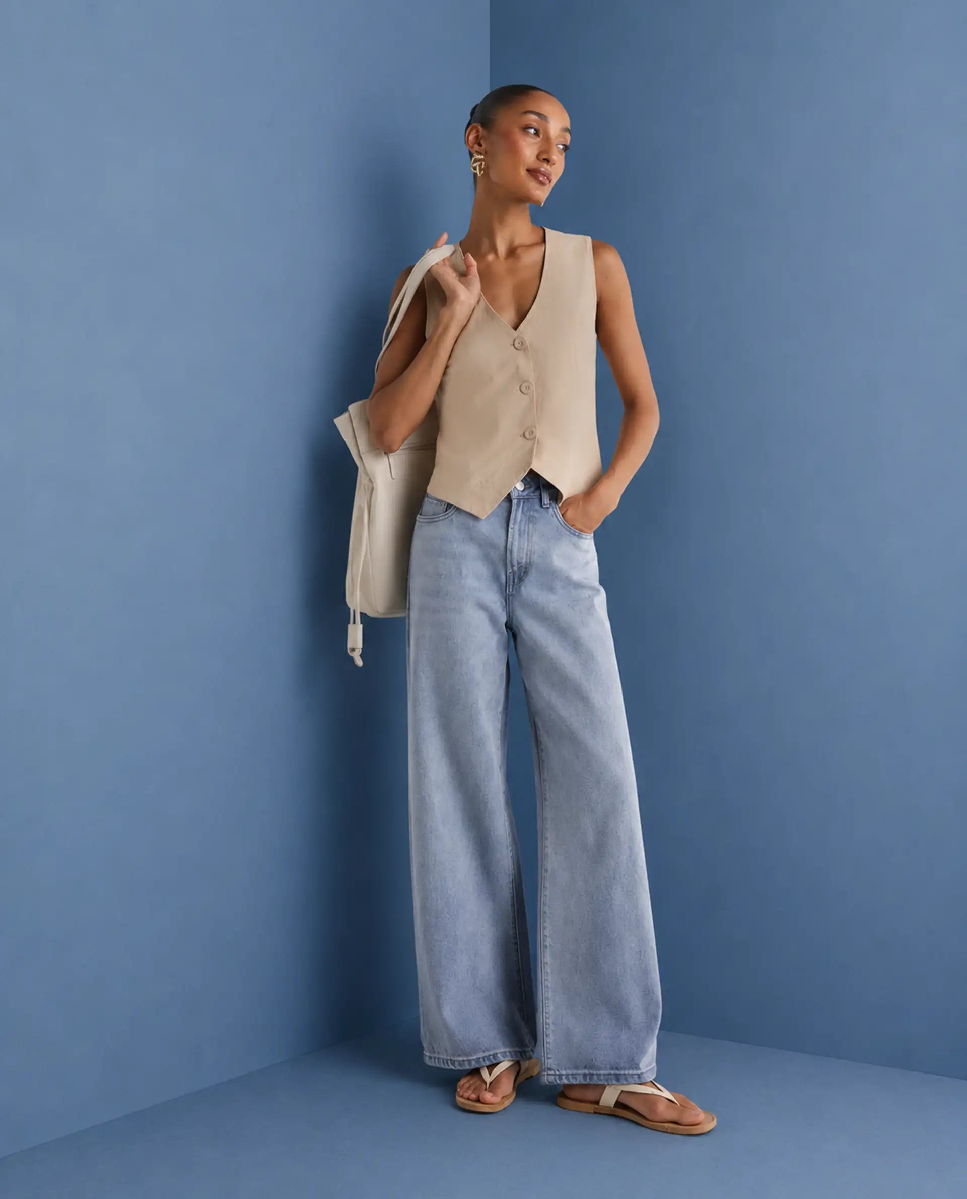 Rareism Women's Ribane Light Blue Cotton Wide Leg Plain Jeans