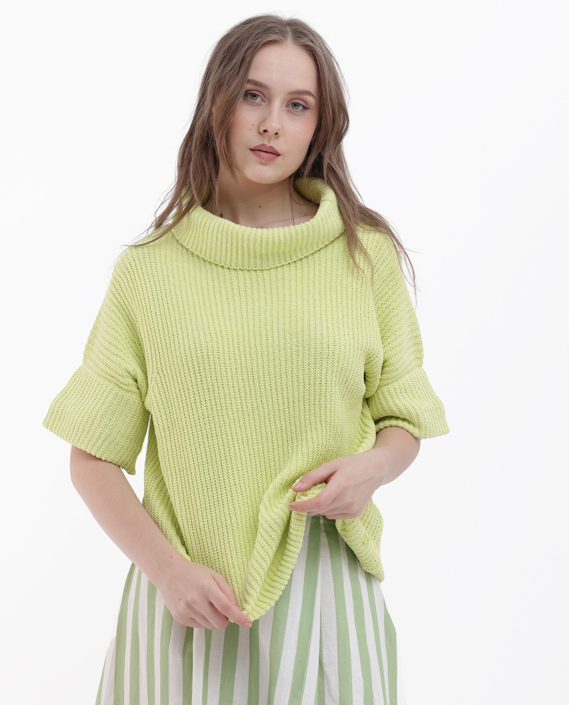 Rareism Women Daffy 1 Flouroscent Yellow Sweater Cowl Neck