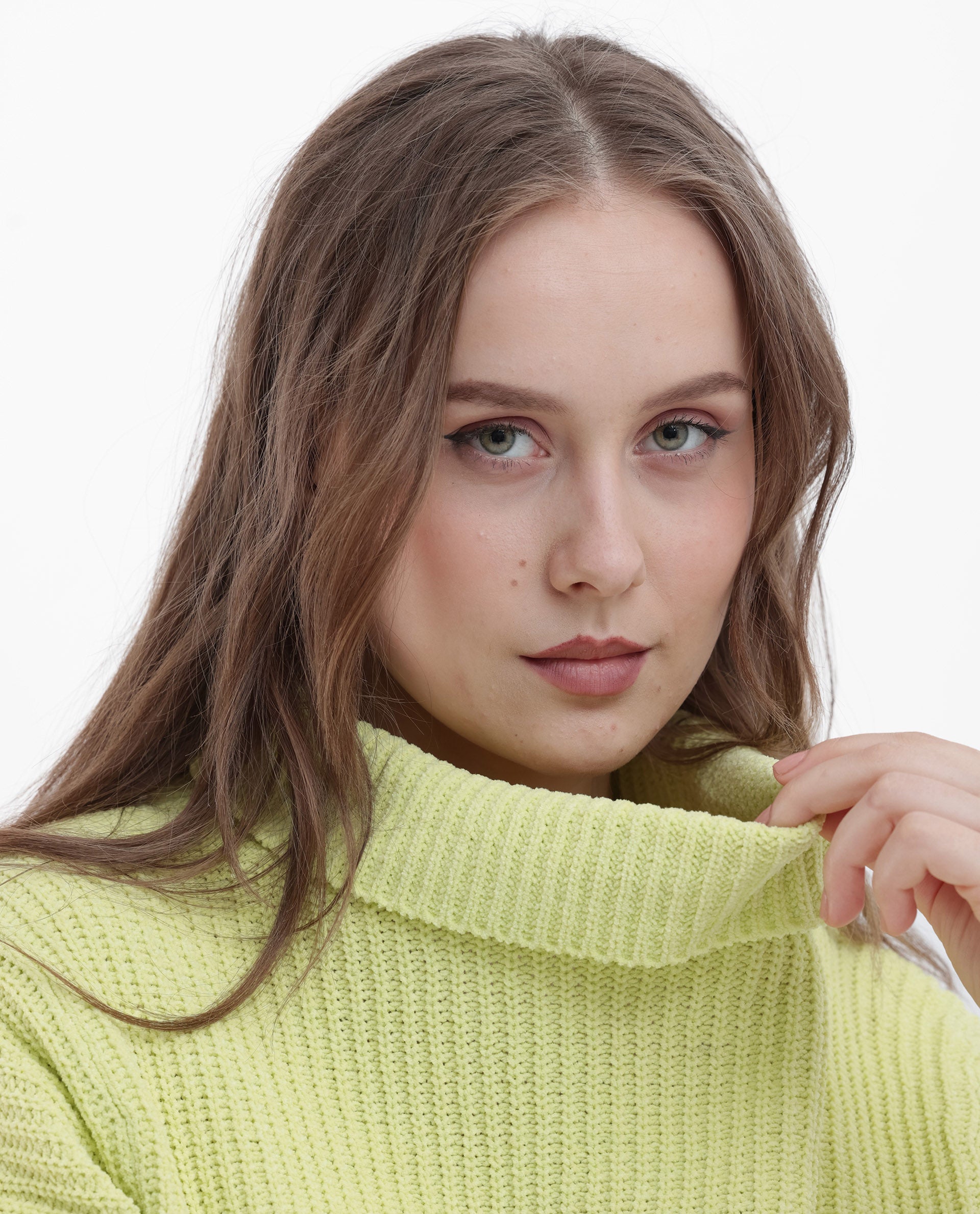 Rareism Women's Daffy 1 Flouroscent Yellow Cotton High Neck Plain Relaxed Fit Sweater