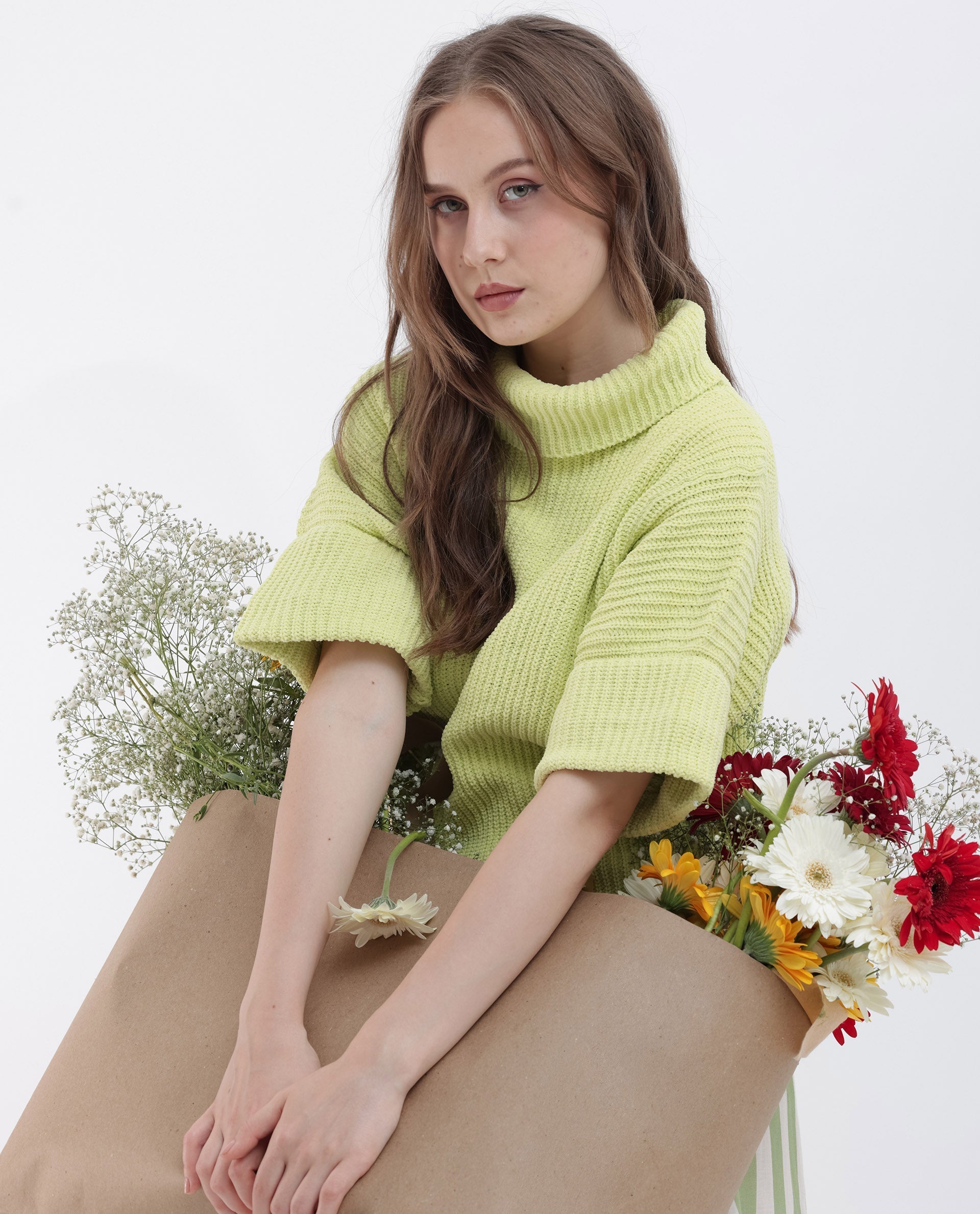 Rareism Women's Daffy 1 Flouroscent Yellow Cotton High Neck Plain Relaxed Fit Sweater