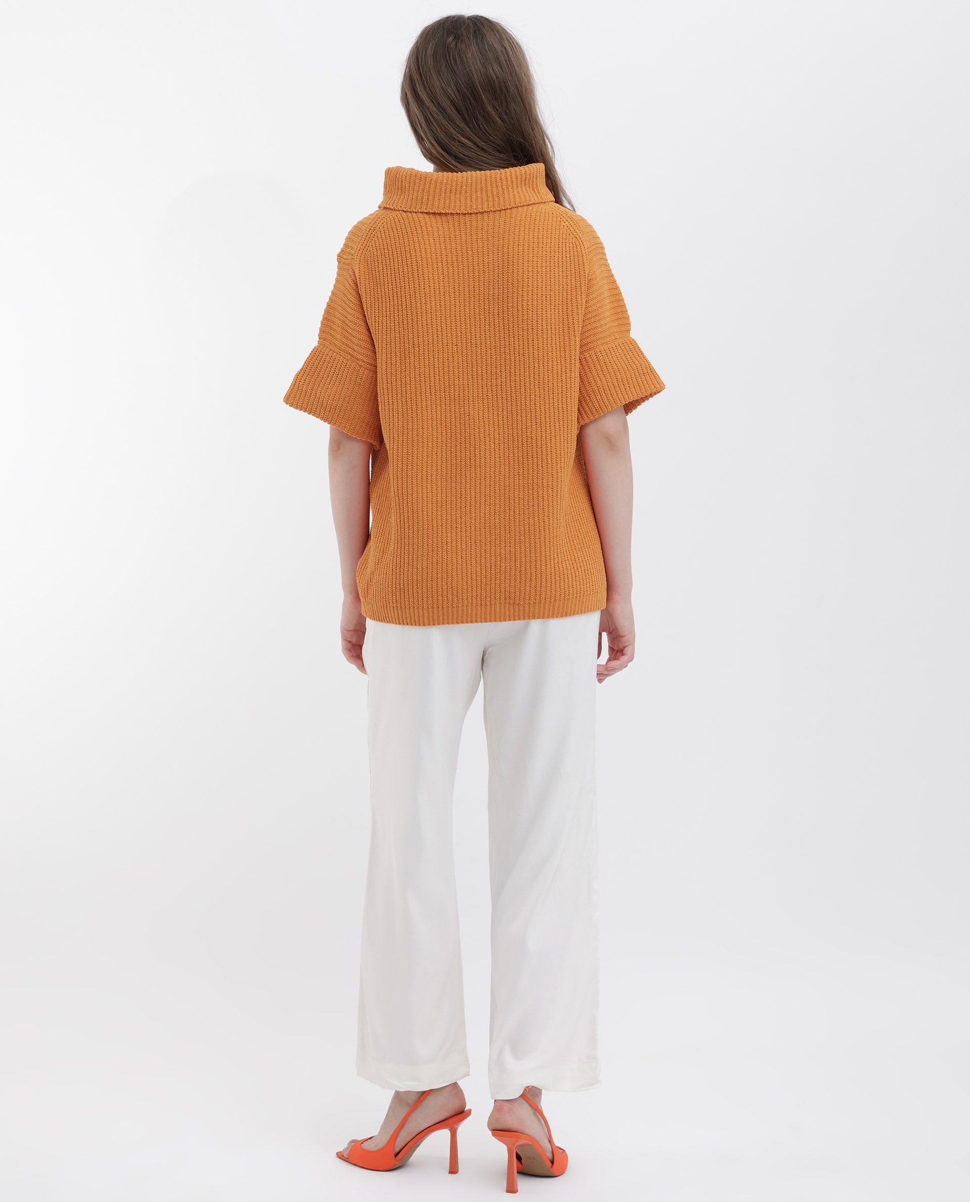 Rareism Women's Daffy 1 Orange Cotton High Neck Plain Relaxed Fit Sweater
