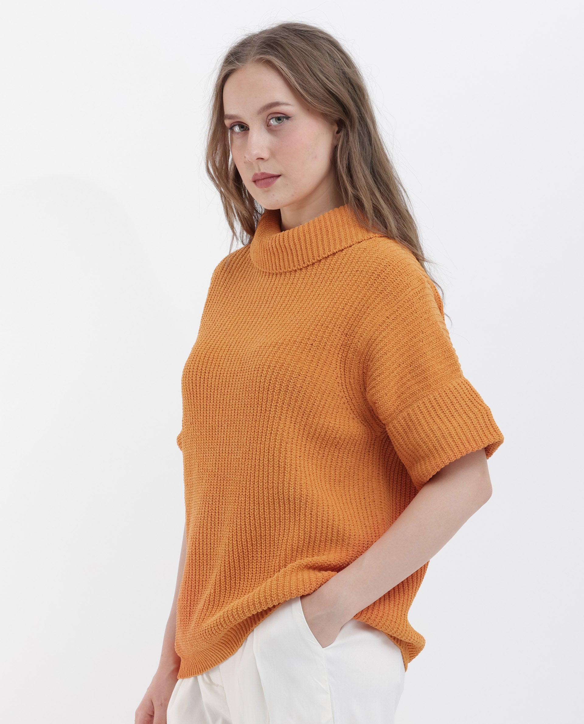Rareism Women's Daffy 1 Orange Cotton High Neck Plain Relaxed Fit Sweater