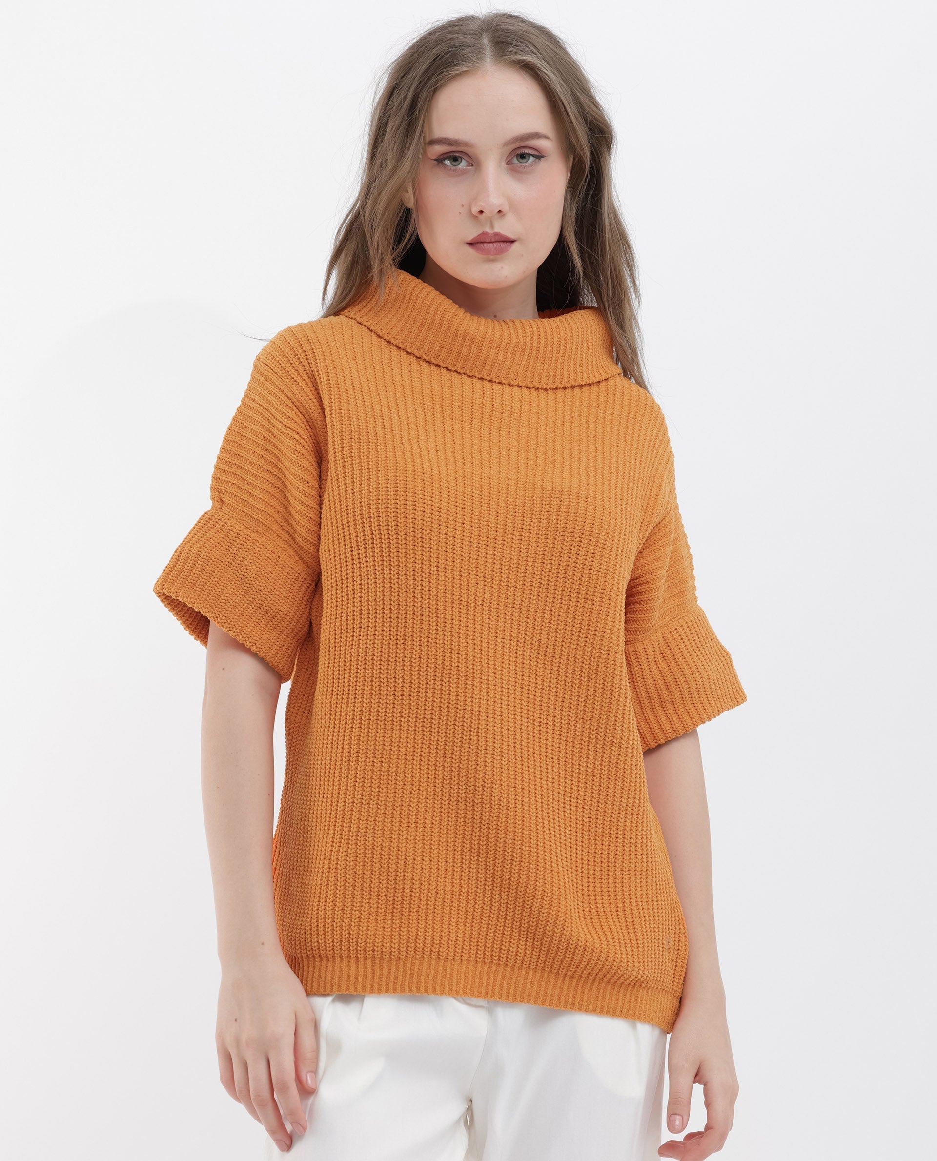Rareism Women's Daffy 1 Orange Cotton High Neck Plain Relaxed Fit Sweater