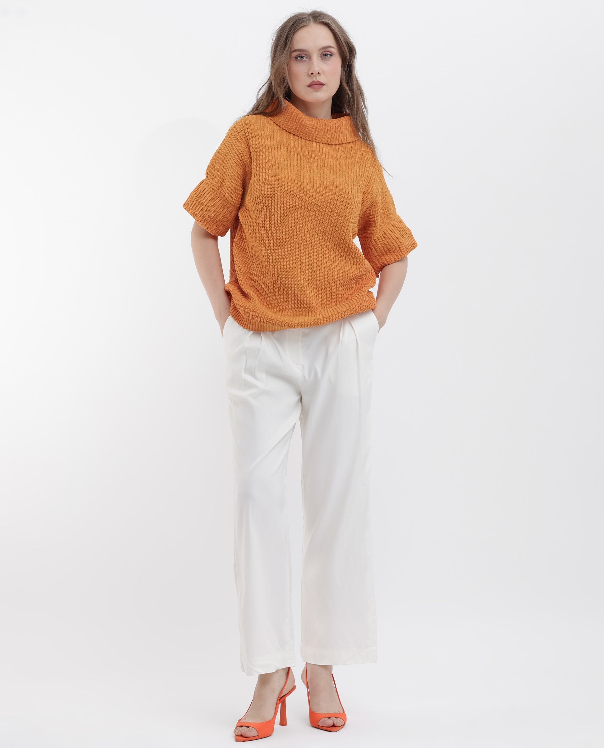 Rareism Women Daffy 1 Orange Cotton Fabric Short Sleeves High Neck Relaxed Fit Plain Sweater
