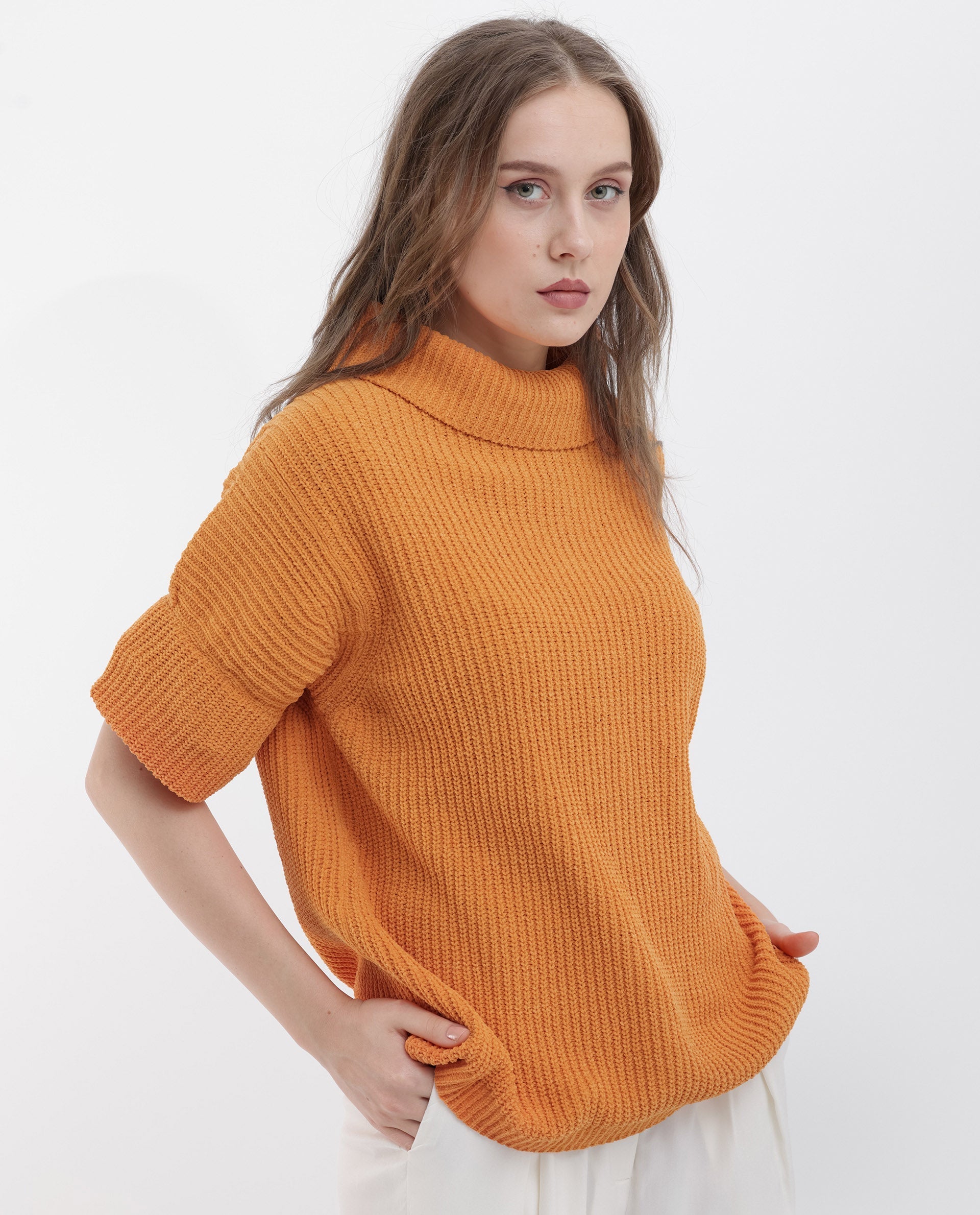 Rareism Women's Daffy 1 Orange Cotton High Neck Plain Relaxed Fit Sweater
