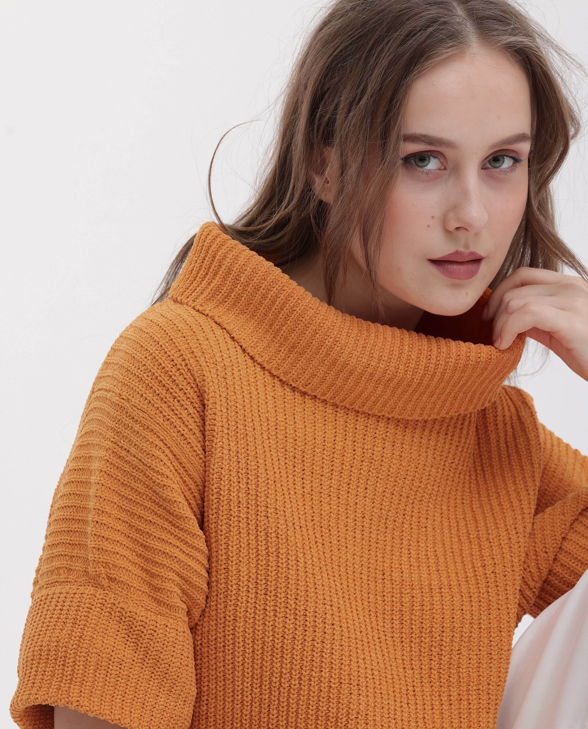 Rareism Women's Daffy 1 Orange Cotton High Neck Plain Relaxed Fit Sweater
