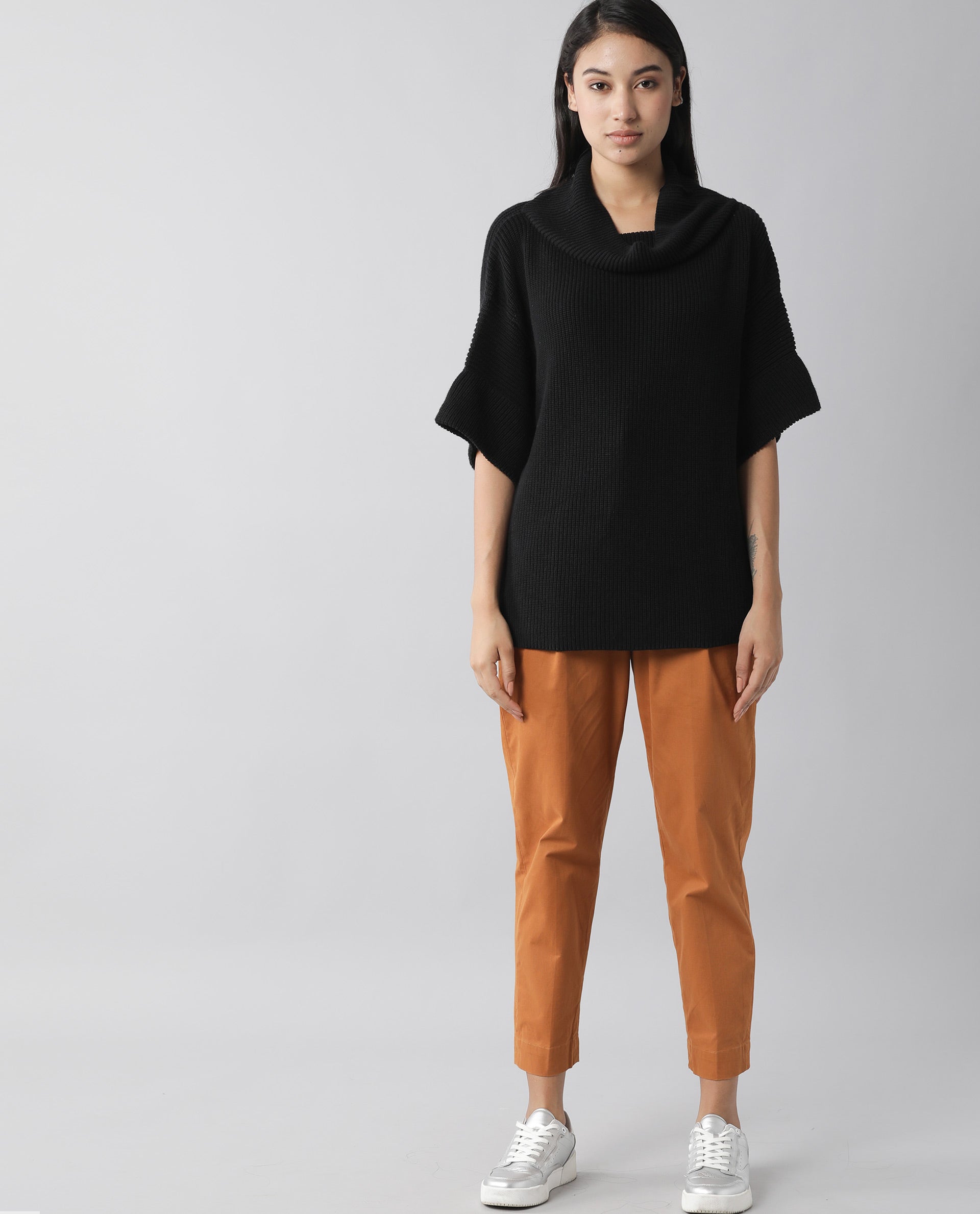 Rareism Women Daffy Black Cotton Fabric Half Sleeves Relaxed Fit Solid Cowl Neck Sweater