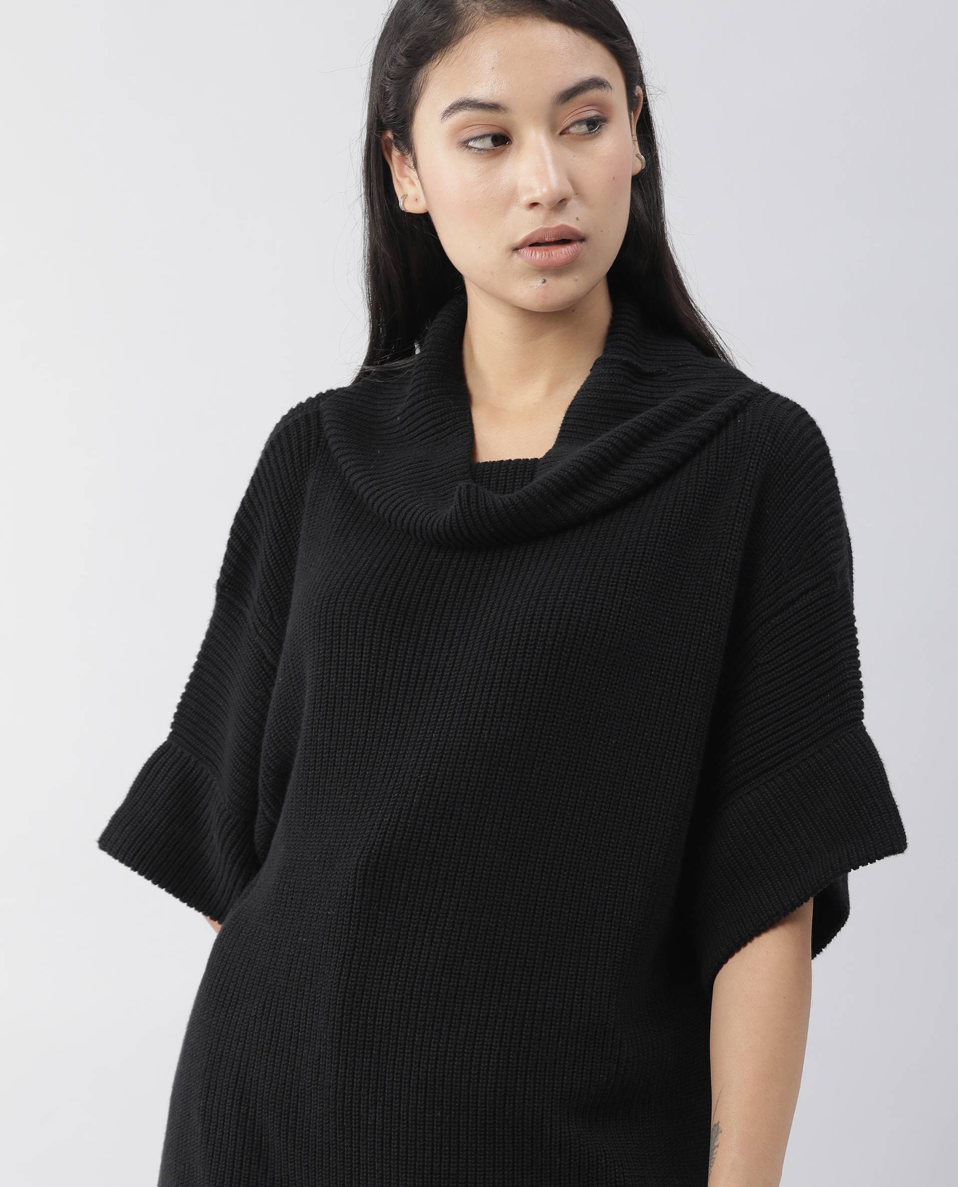 Rareism Women Daffy Black Cotton Fabric Half Sleeves Relaxed Fit Solid Cowl Neck Sweater