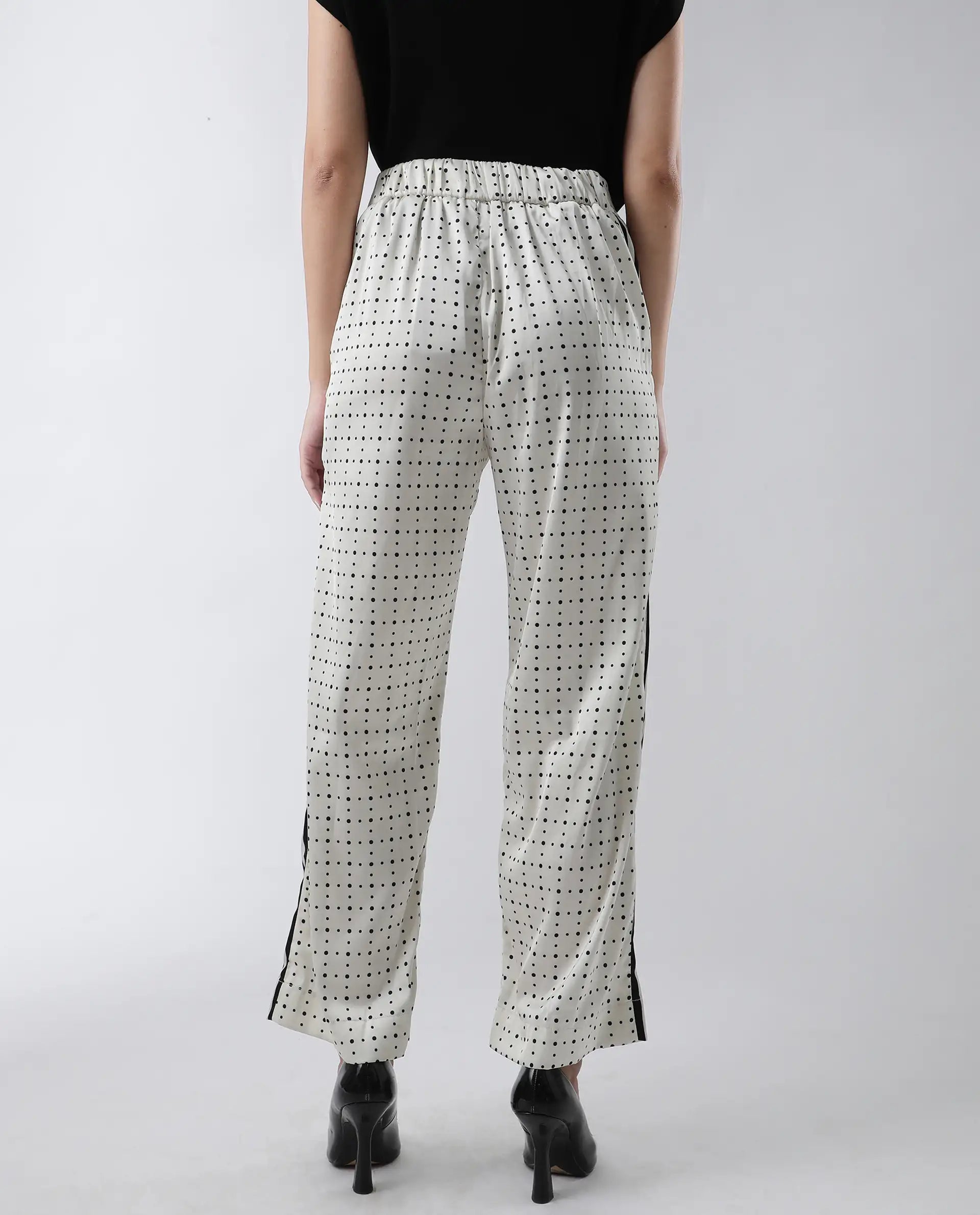 Rareism Women's Dales Beige Polyester Polka Print Ankle Length Tailored Trouser