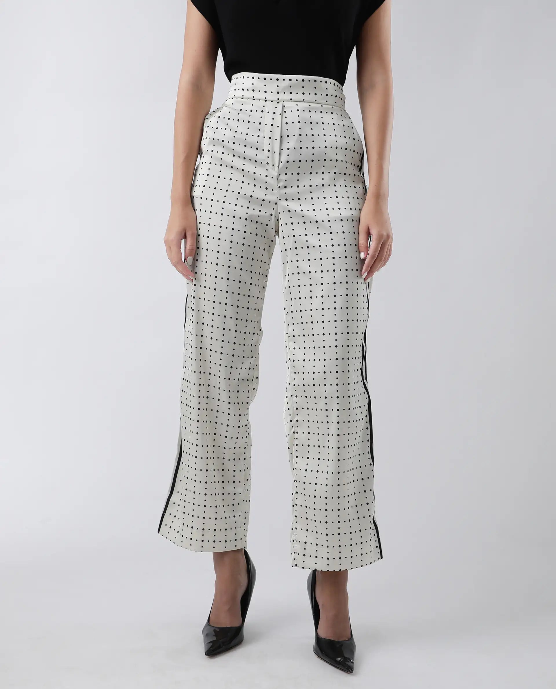 Rareism Women's Dales Beige Polyester Polka Print Ankle Length Tailored Trouser