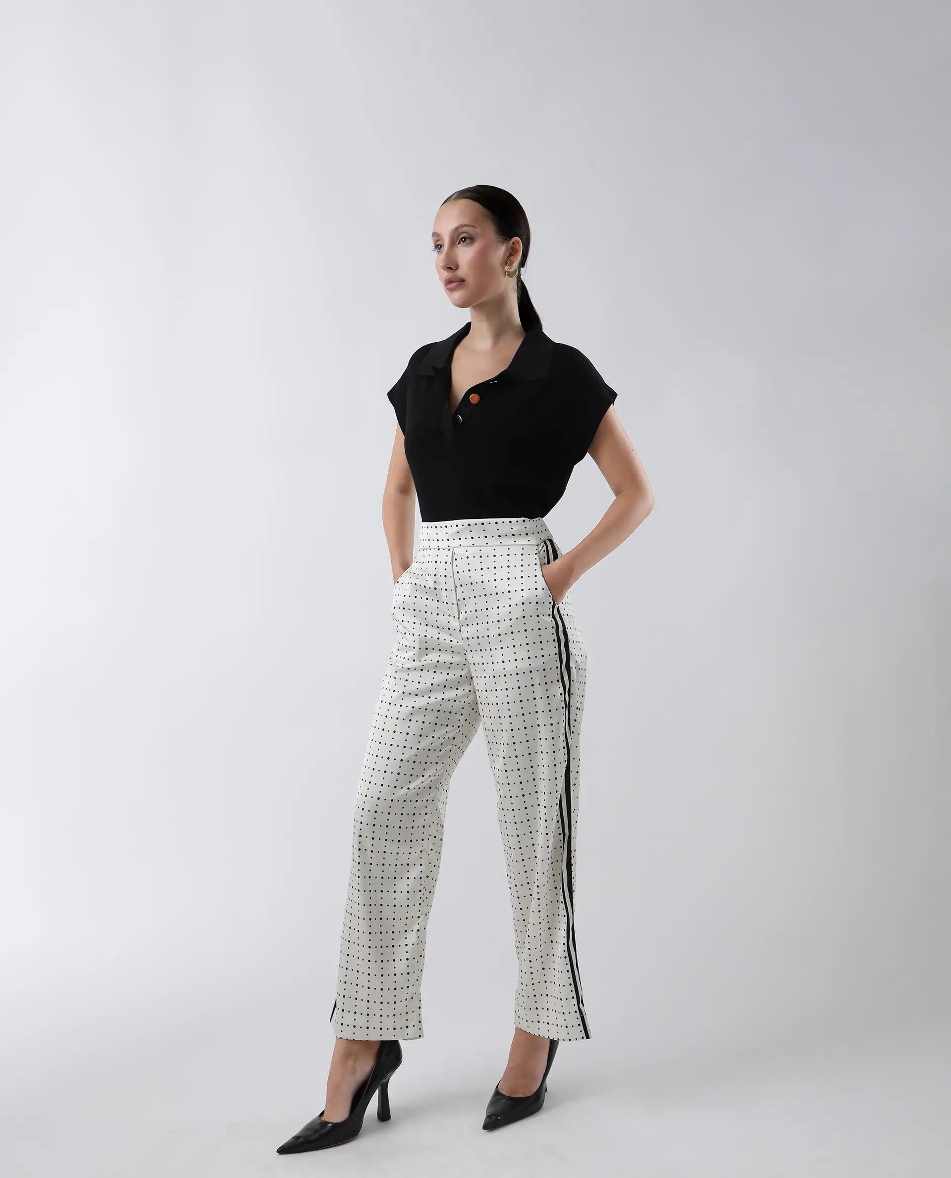 Rareism Women's Dales Beige Polyester Polka Print Ankle Length Tailored Trouser