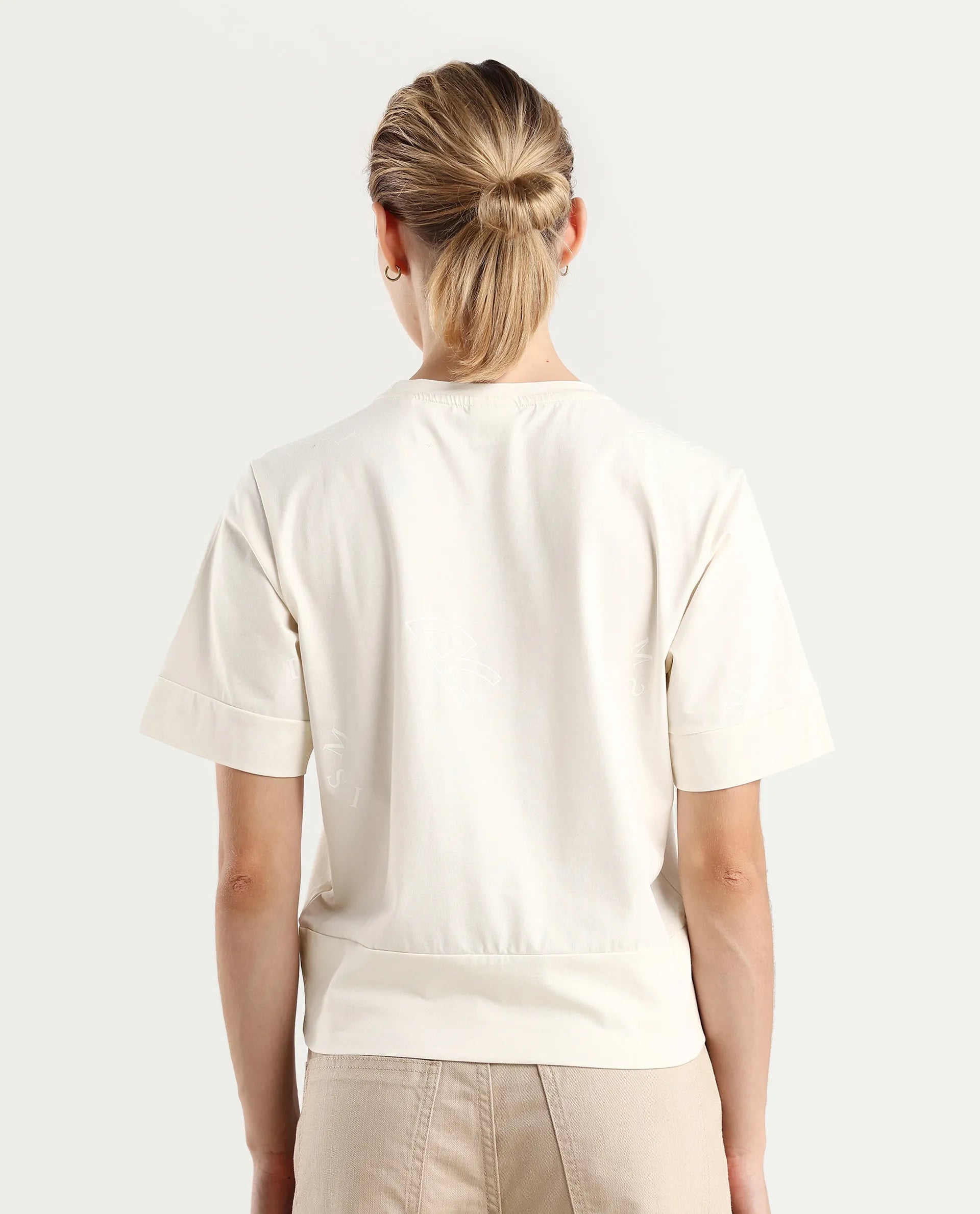 Rareism Women's Dandi Off White Cotton Blend Crew Neck Graphic Print Regular Fit T-Shirt