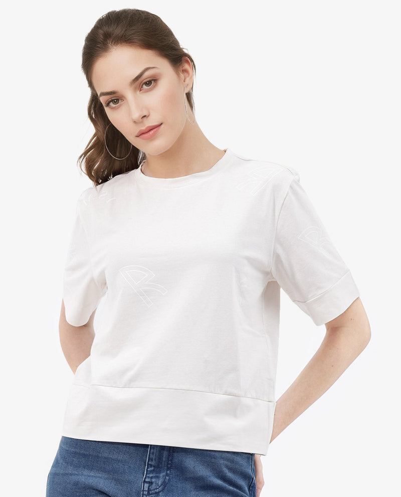 Rareism Women Dandi Off White Cotton Elastane Fabric Crew Neck Knit Solid T-Shirt