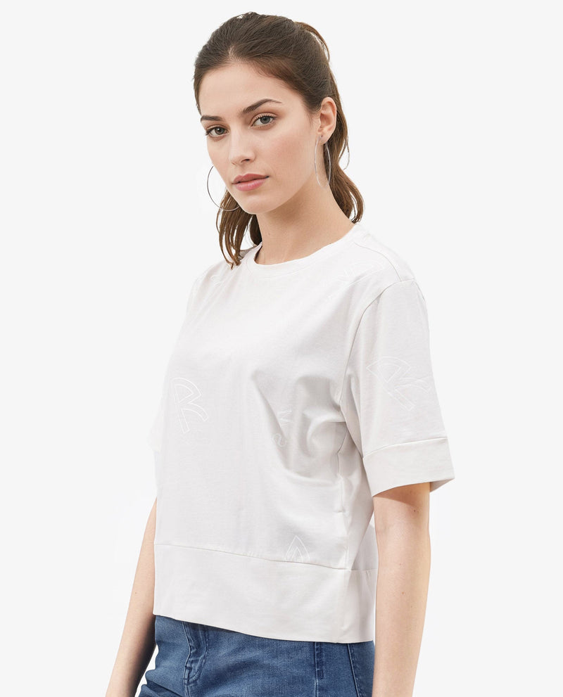 Rareism Women Dandi Off White Cotton Elastane Fabric Crew Neck Knit Solid T-Shirt