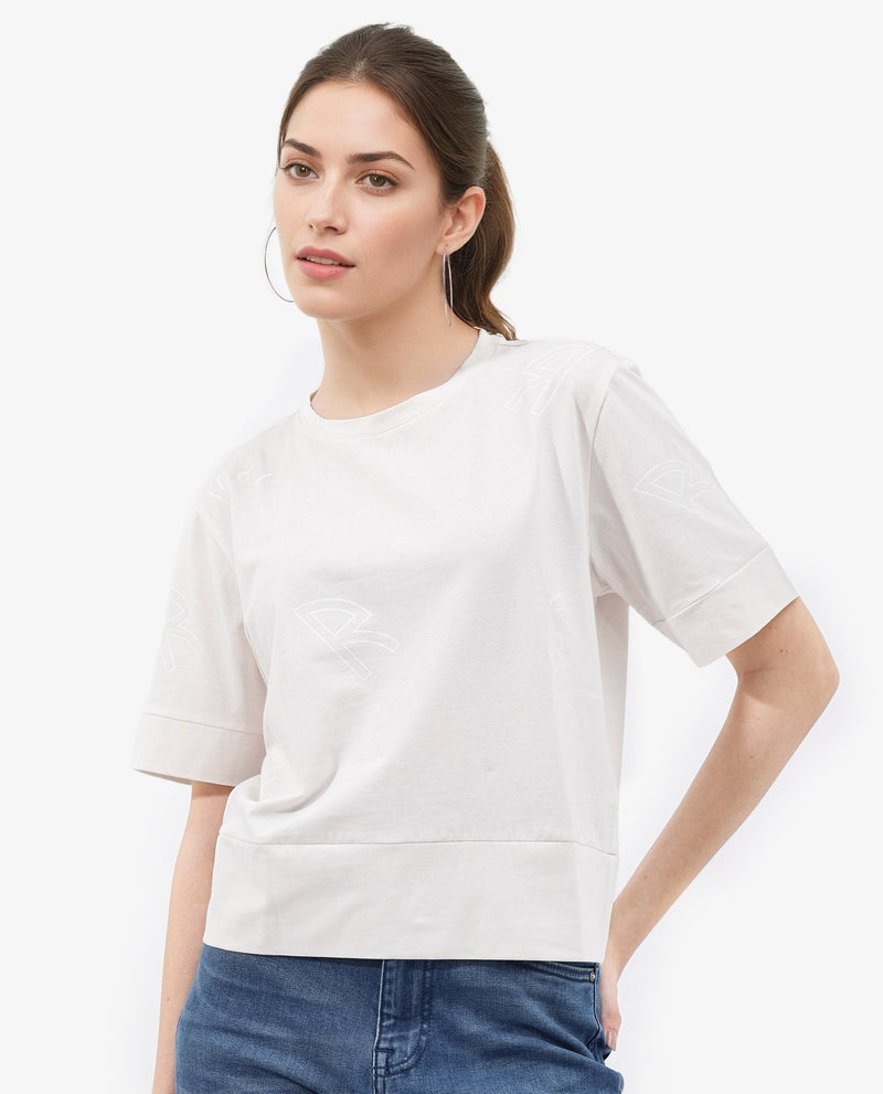 Rareism Women Dandi Off White Cotton Elastane Fabric Crew Neck Knit Solid T-Shirt