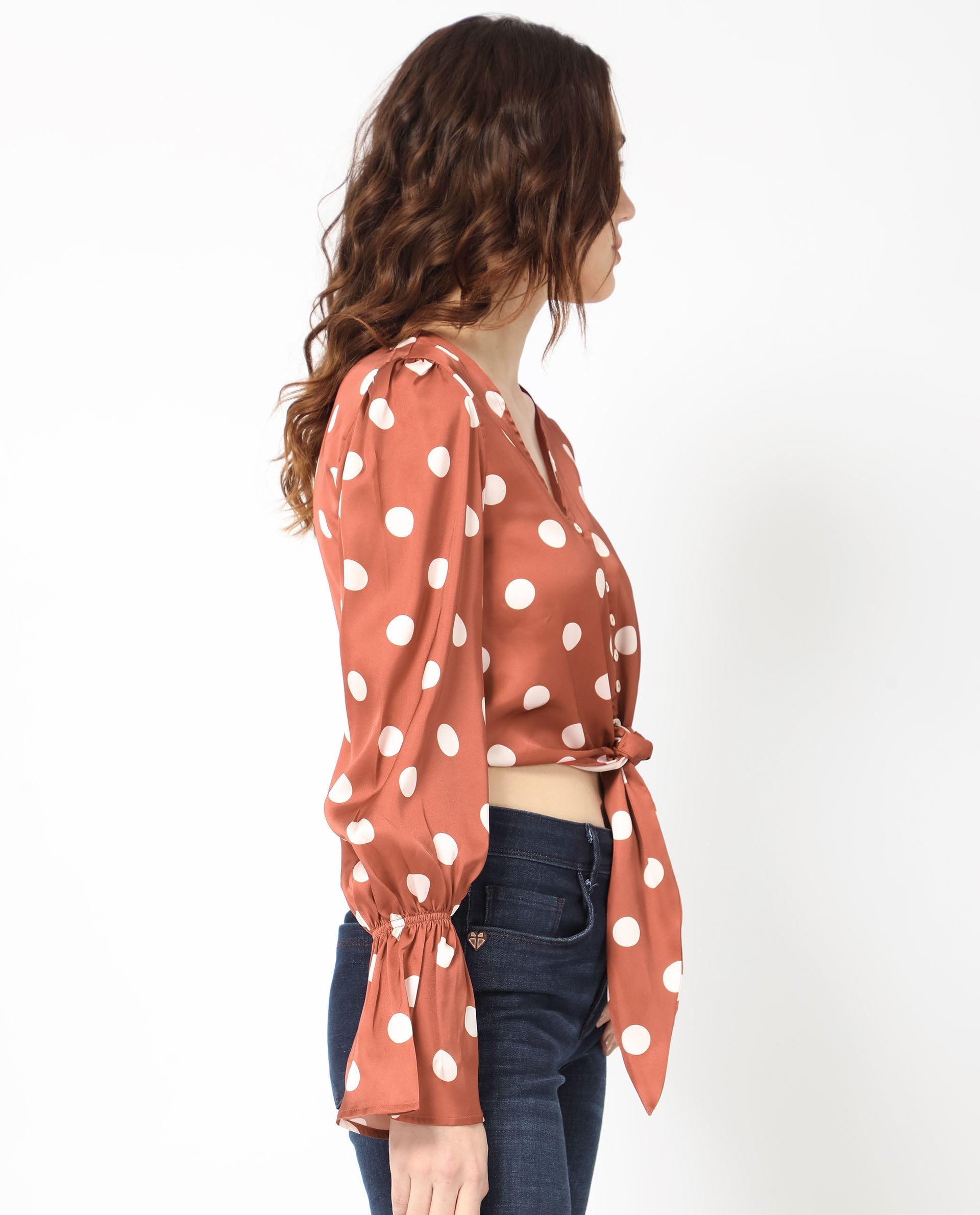 Rareism Women's Darty Brown Polyester V-Neck Polka Print Balloon Sleeve Crop Regular Fit Top