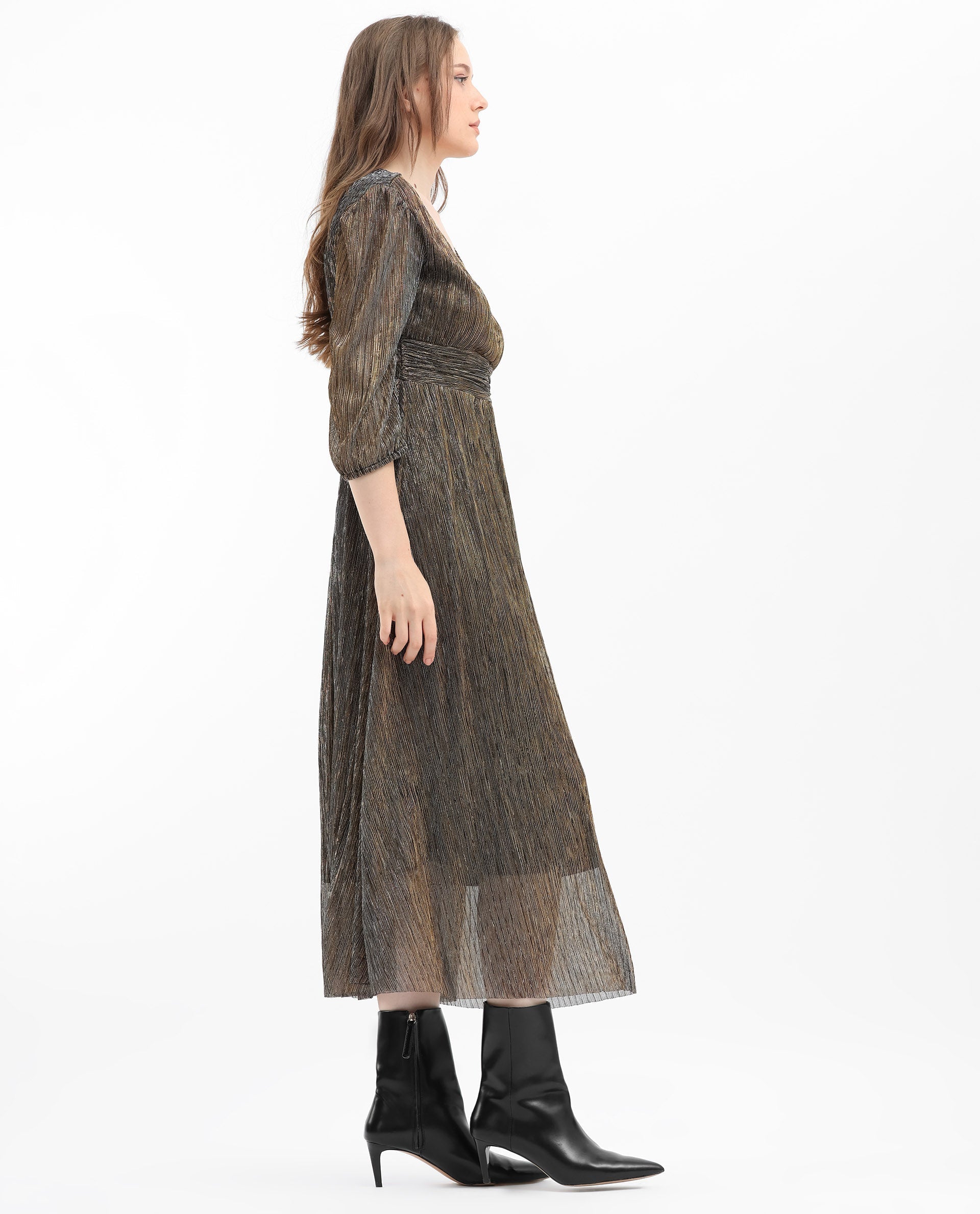 Rareism Women's Daso Metalic Gold Polyester Fabric Overlap Neck  Balloon Sleeve Shimmer Fit And Flare Midi Dress