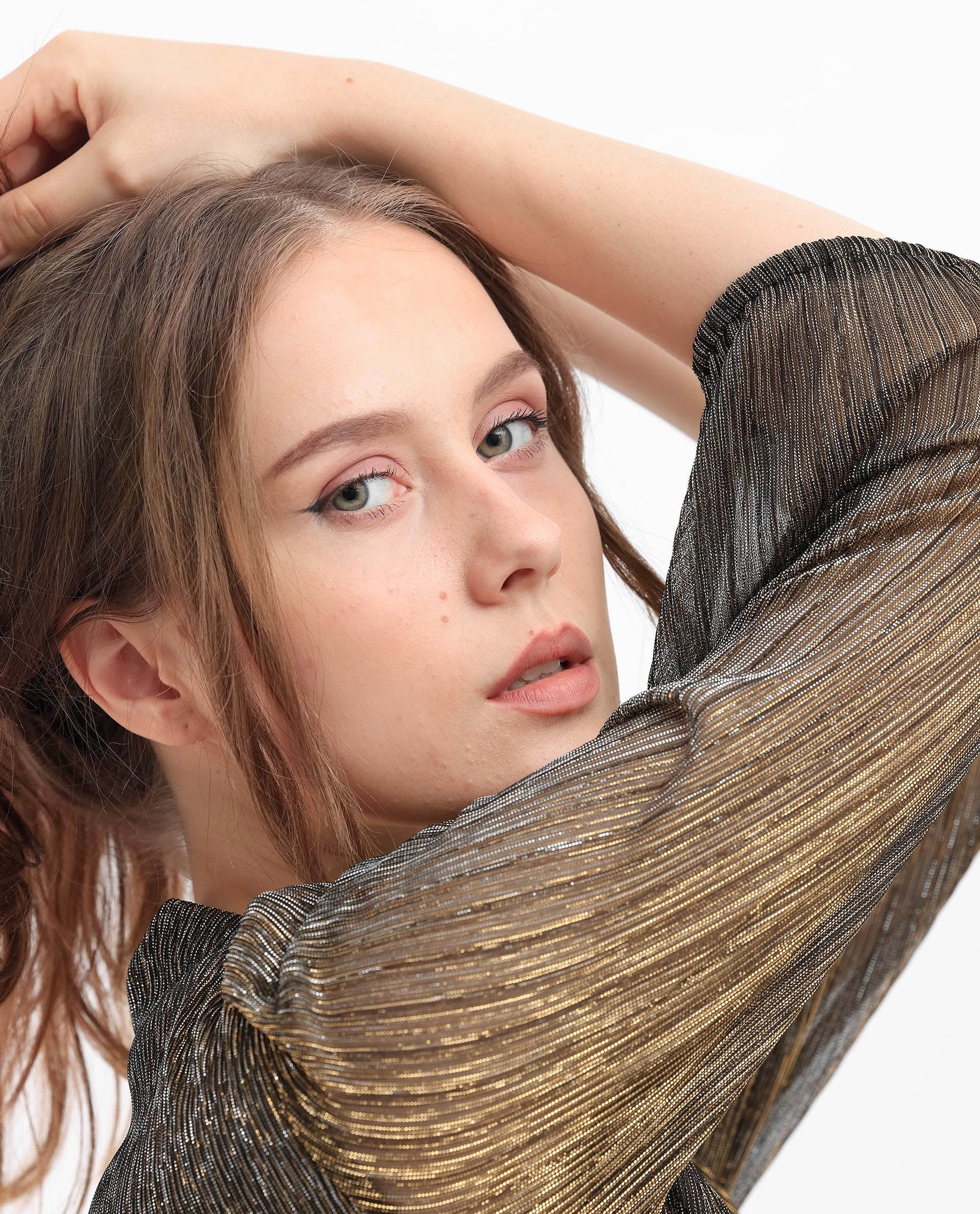 Rareism Women's Daso Metalic Gold Polyester Fabric Overlap Neck  Balloon Sleeve Shimmer Fit And Flare Midi Dress