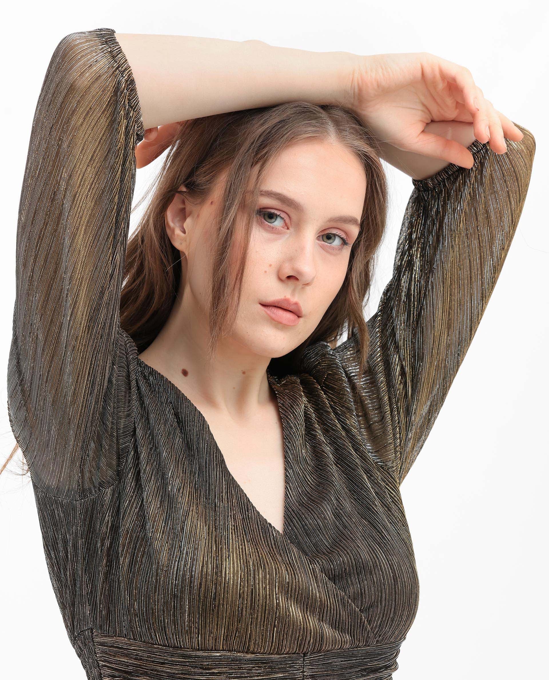 Rareism Women's Daso Metalic Gold Polyester Fabric Overlap Neck  Balloon Sleeve Shimmer Fit And Flare Midi Dress