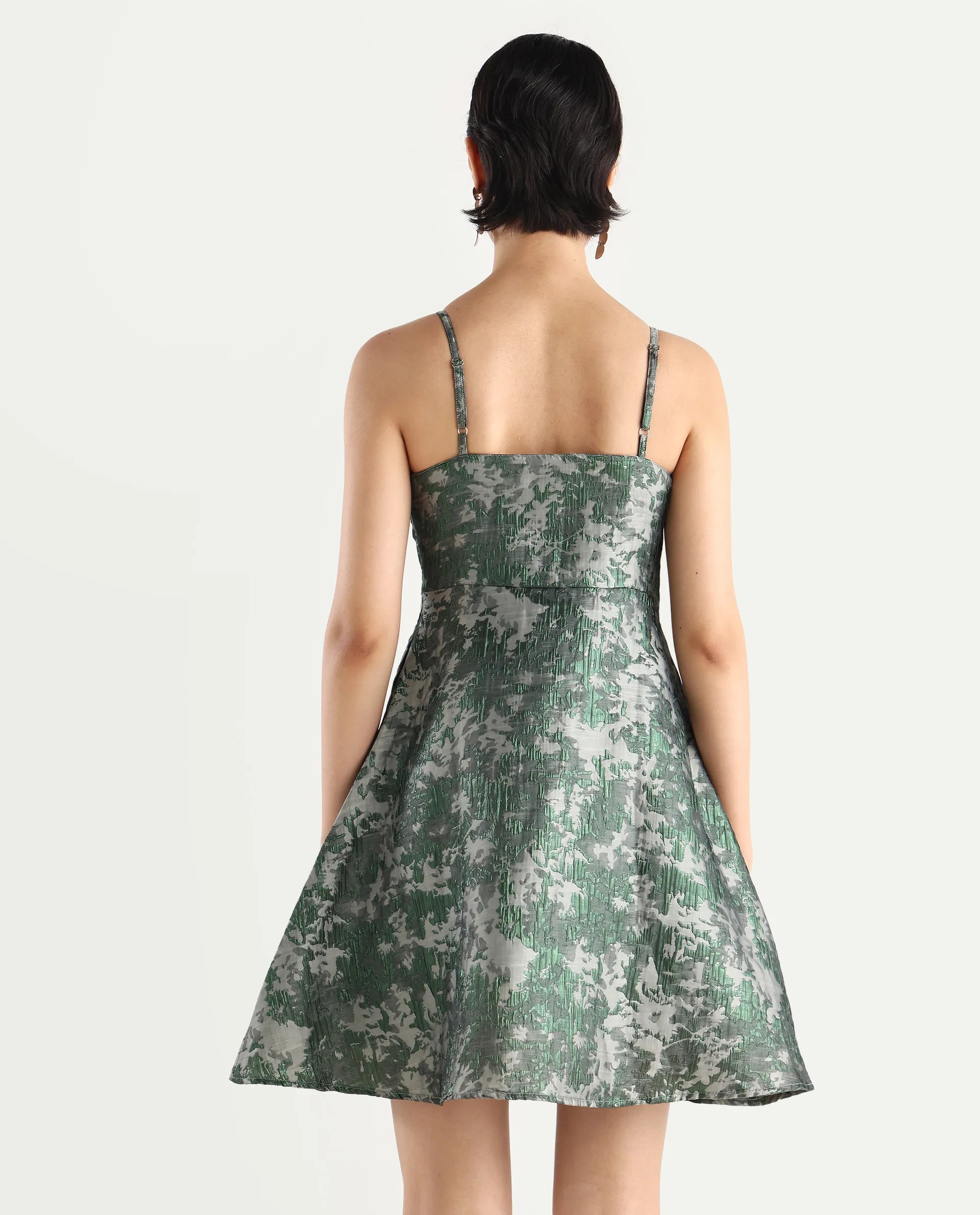 Rareism Women's Davao Metallic Green Viscose Shoulder Strap Jacquard Sleeveless Knee Length Fit And Flare Dress