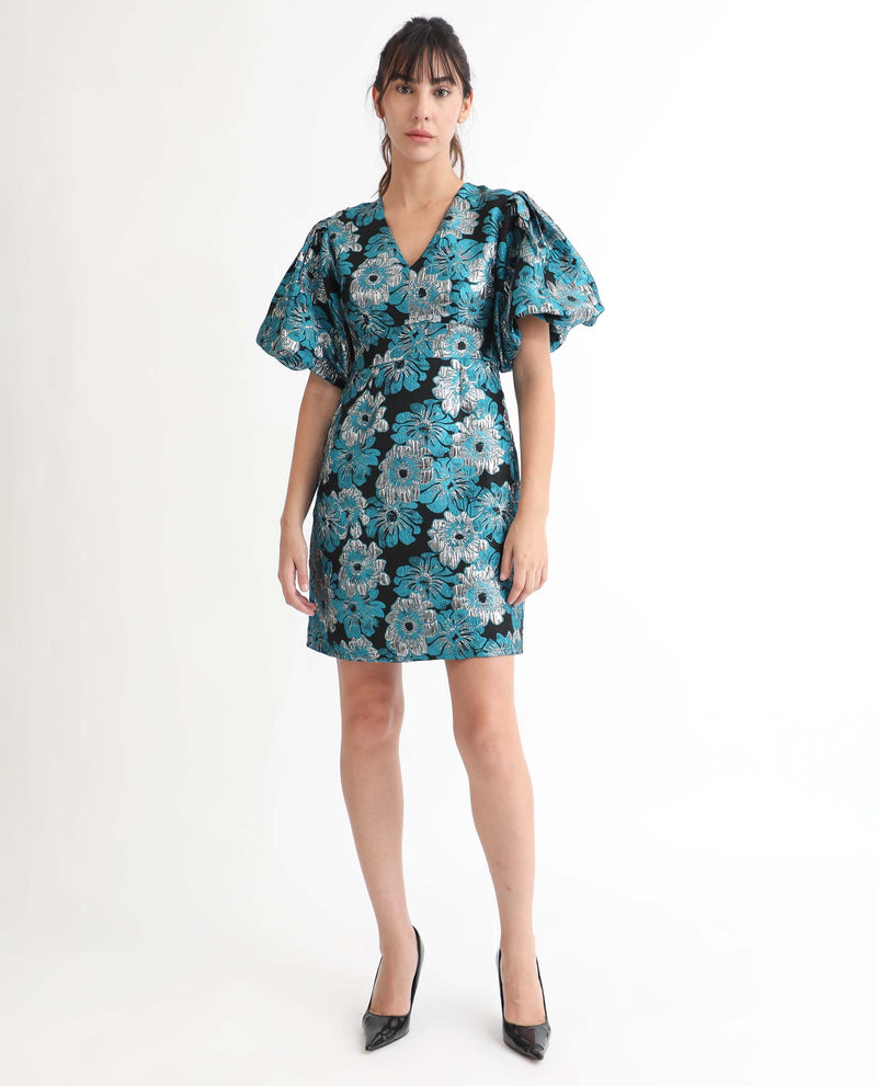 Rareism Women Daveth Metallic Blue Floral Print V Neck Puffed Short Sleeves Mini Dress