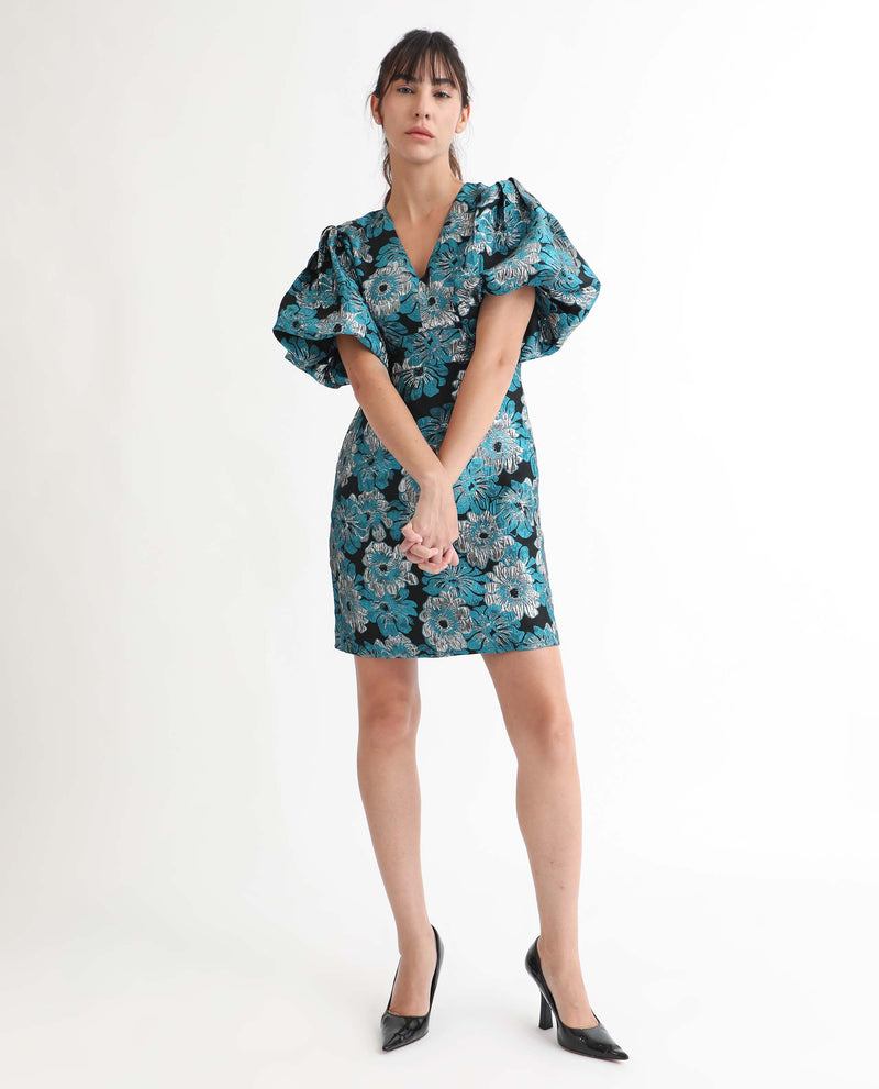 Rareism Women Daveth Metallic Blue Floral Print V Neck Puffed Short Sleeves Mini Dress