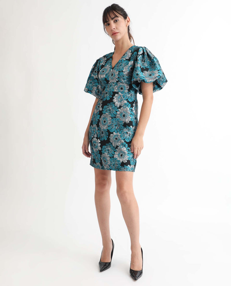 Rareism Women Daveth Metallic Blue Floral Print V Neck Puffed Short Sleeves Mini Dress