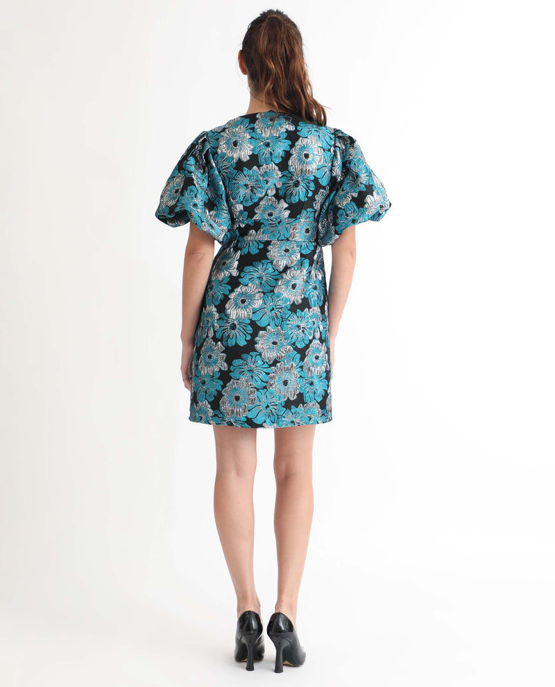 Rareism Women Daveth Metallic Blue Floral Print V Neck Puffed Short Sleeves Mini Dress