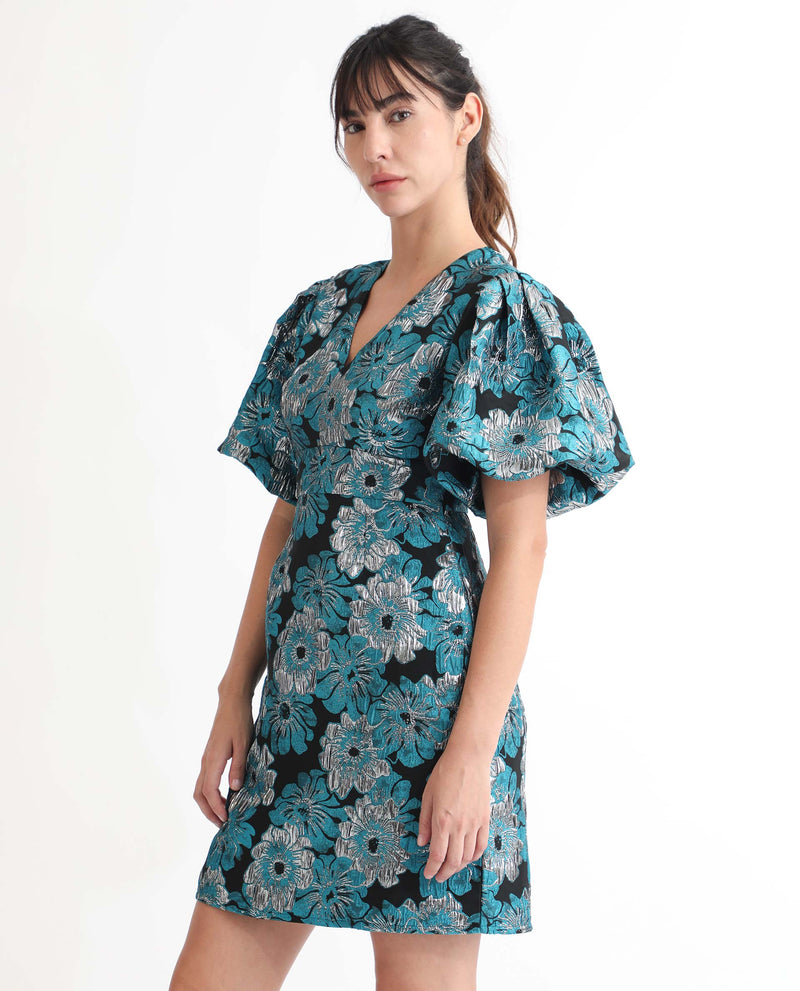 Rareism Women Daveth Metallic Blue Floral Print V Neck Puffed Short Sleeves Mini Dress