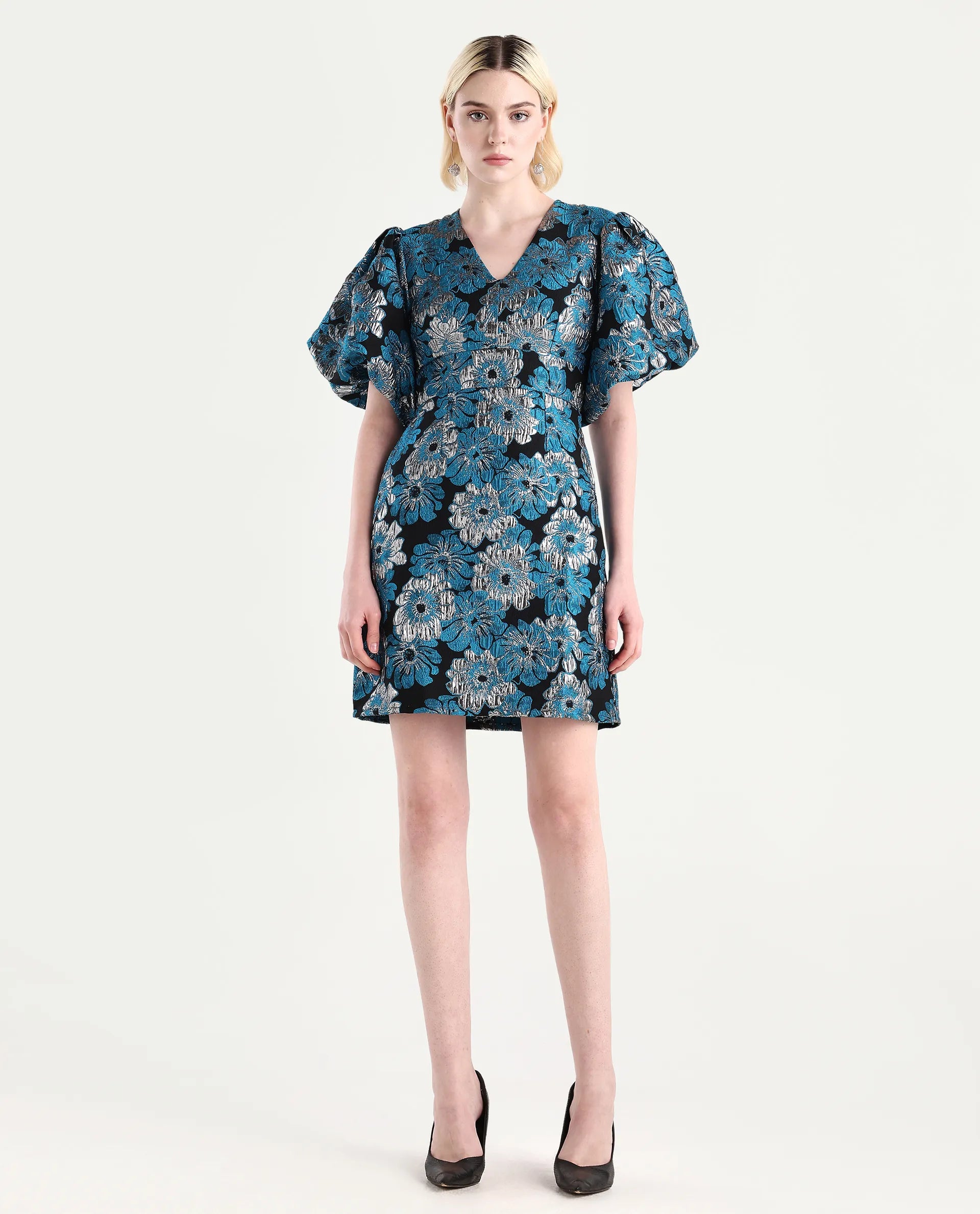 Rareism Women's Daveth Metalic Blue V-Neck Floral Print Puff Sleeves Knee Length Regular Fit Dress