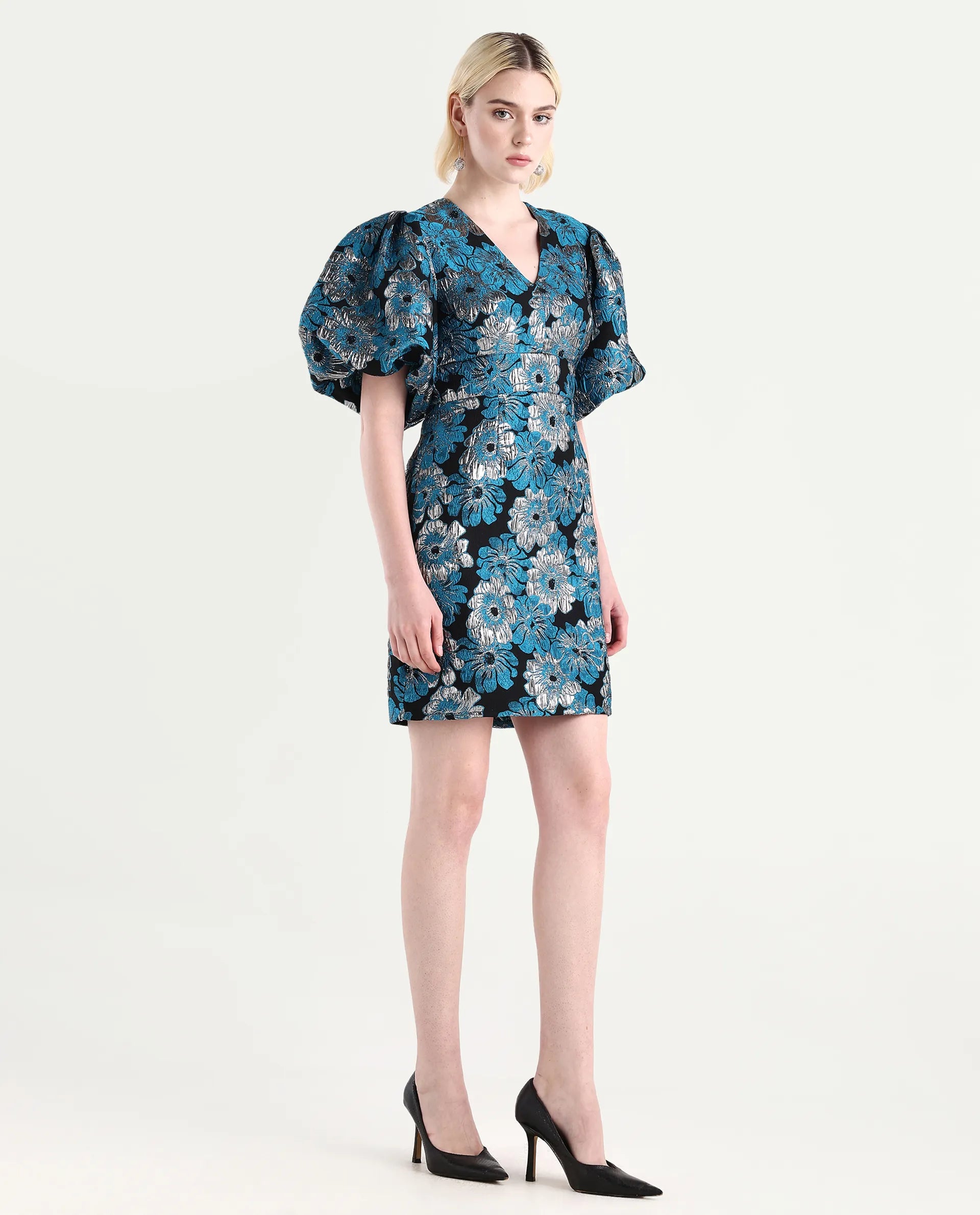 Rareism Women's Daveth Metalic Blue V-Neck Floral Print Puff Sleeves Knee Length Regular Fit Dress