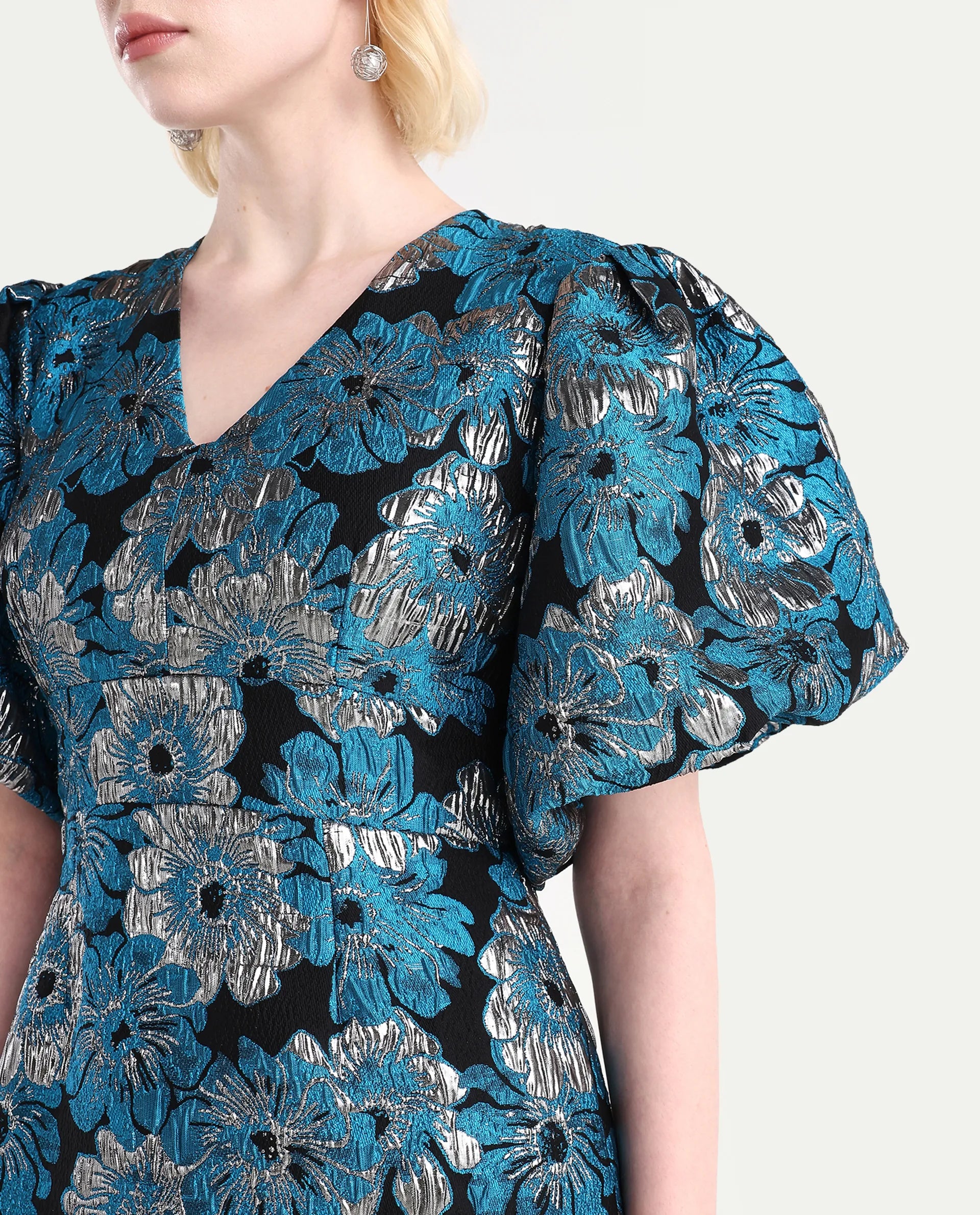 Rareism Women's Daveth Metalic Blue V-Neck Floral Print Puff Sleeves Knee Length Regular Fit Dress