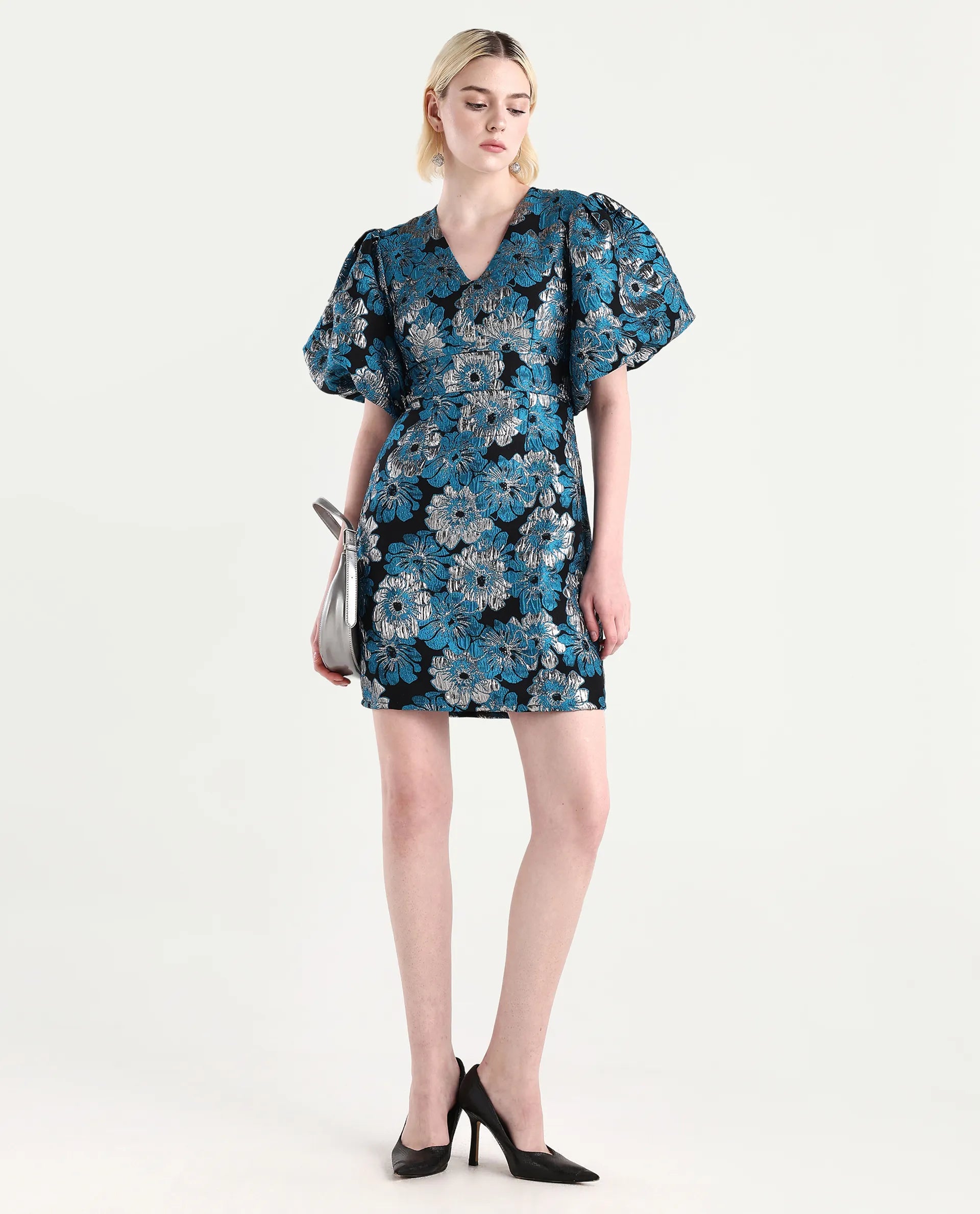 Rareism Women's Daveth Metalic Blue V-Neck Floral Print Puff Sleeves Knee Length Regular Fit Dress
