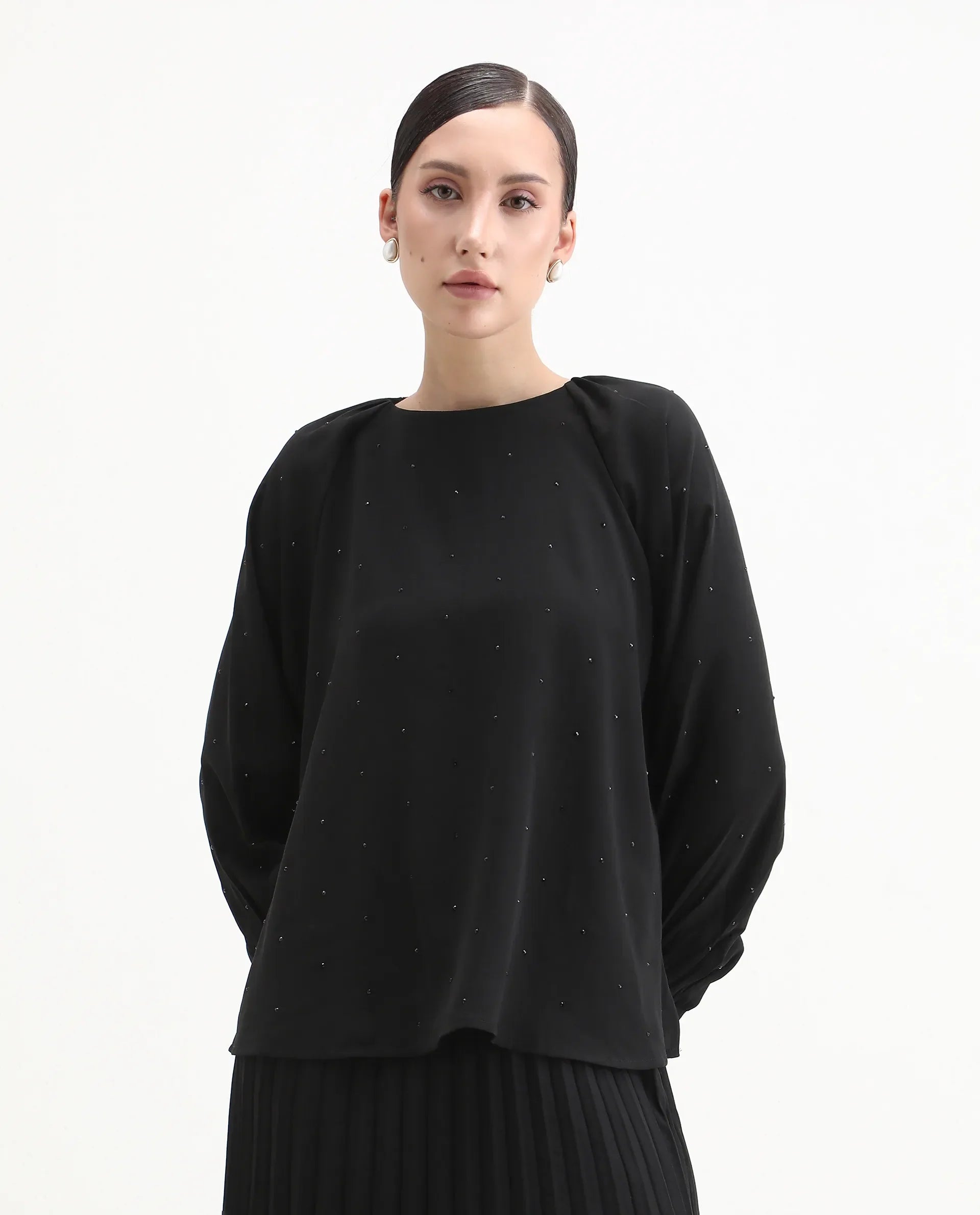 Rareism Women's Debie Black Satin High Neck Plain Cuffed Sleeve Boxy Fit Top