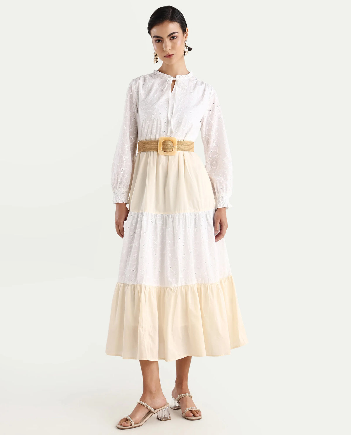 Rareism Women's Deccan Beige Cotton Sweetheart Neck Plain Bishop Sleeve Maxi Tiered Dress