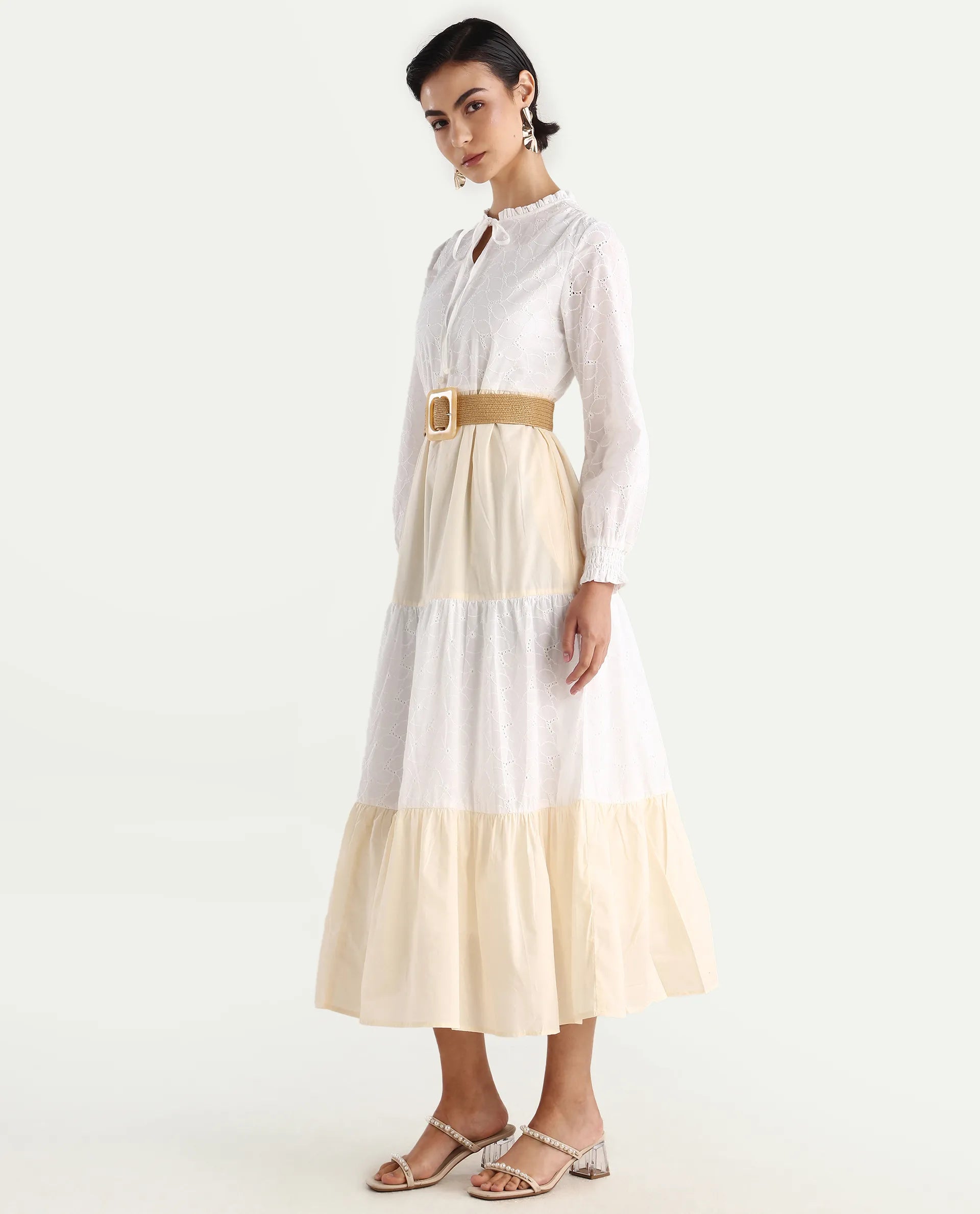 Rareism Women's Deccan Beige Cotton Sweetheart Neck Plain Bishop Sleeve Maxi Tiered Dress