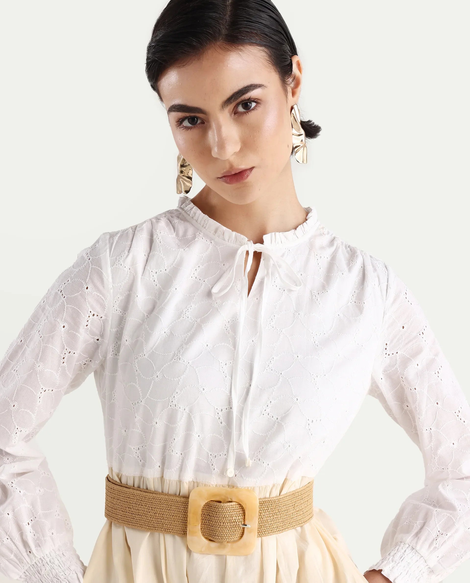 Rareism Women's Deccan Beige Cotton Sweetheart Neck Plain Bishop Sleeve Maxi Tiered Dress