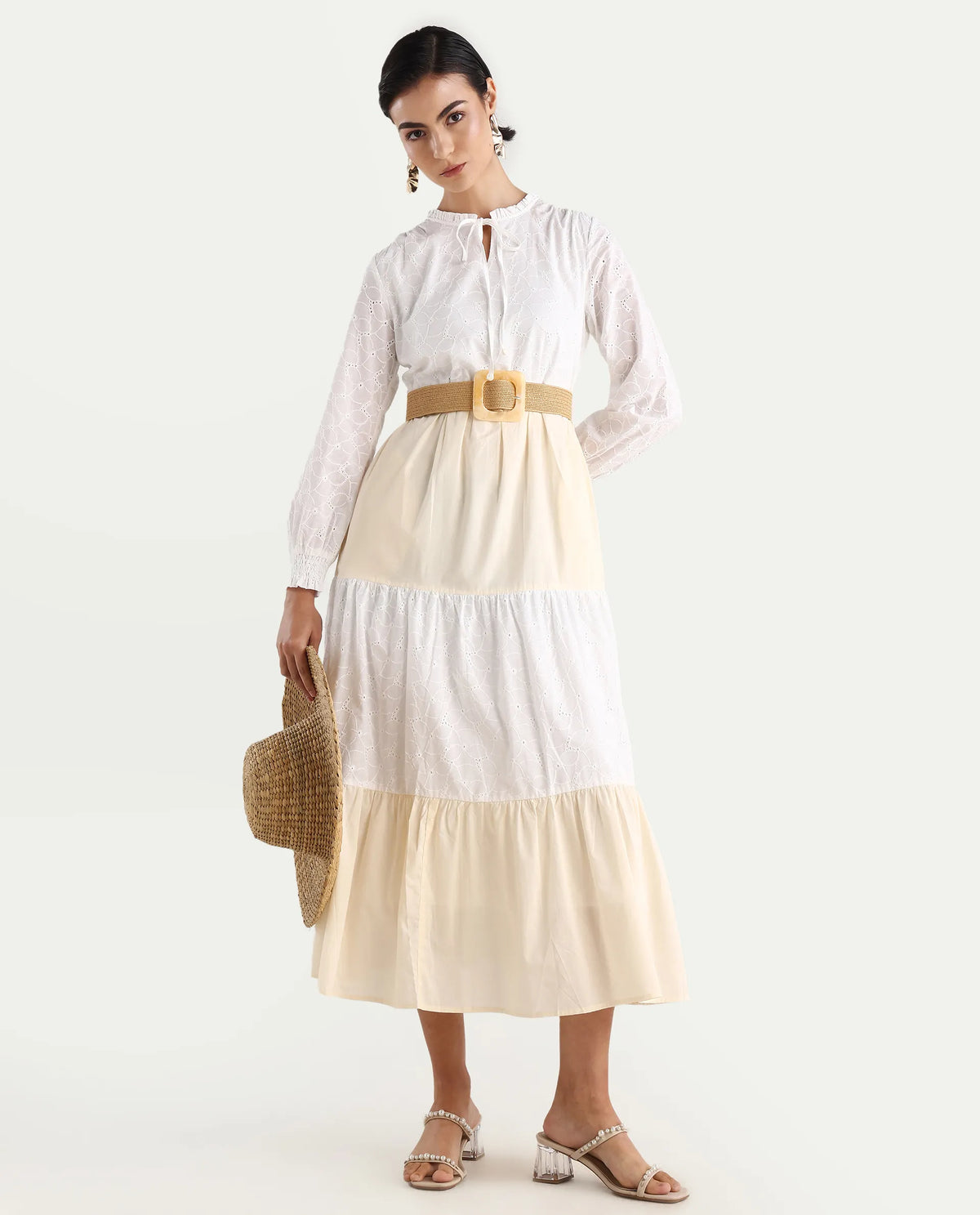 Rareism Women's Deccan Beige Cotton Sweetheart Neck Plain Bishop Sleeve Maxi Tiered Dress