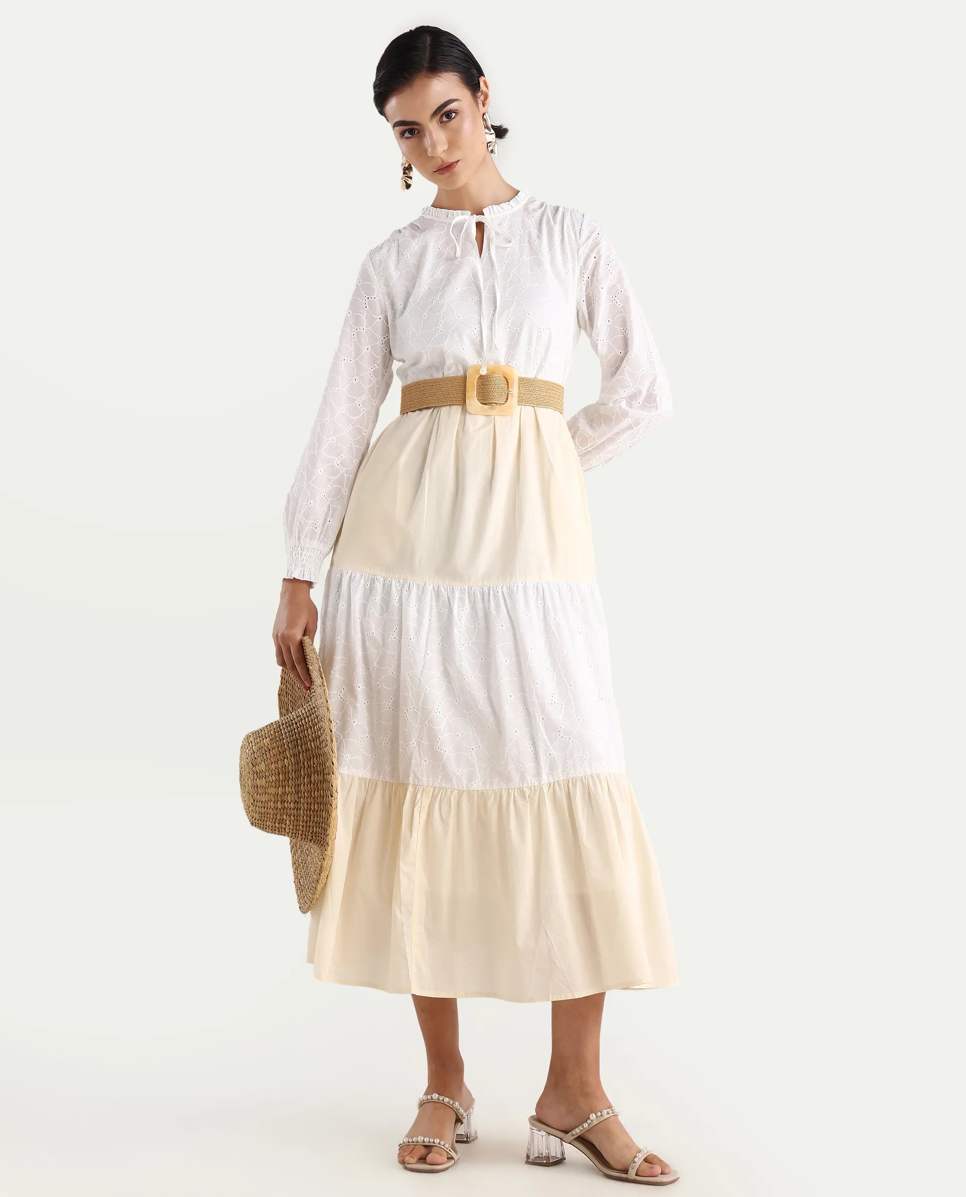 Rareism Women's Deccan Beige Cotton Sweetheart Neck Plain Bishop Sleeve Maxi Tiered Dress