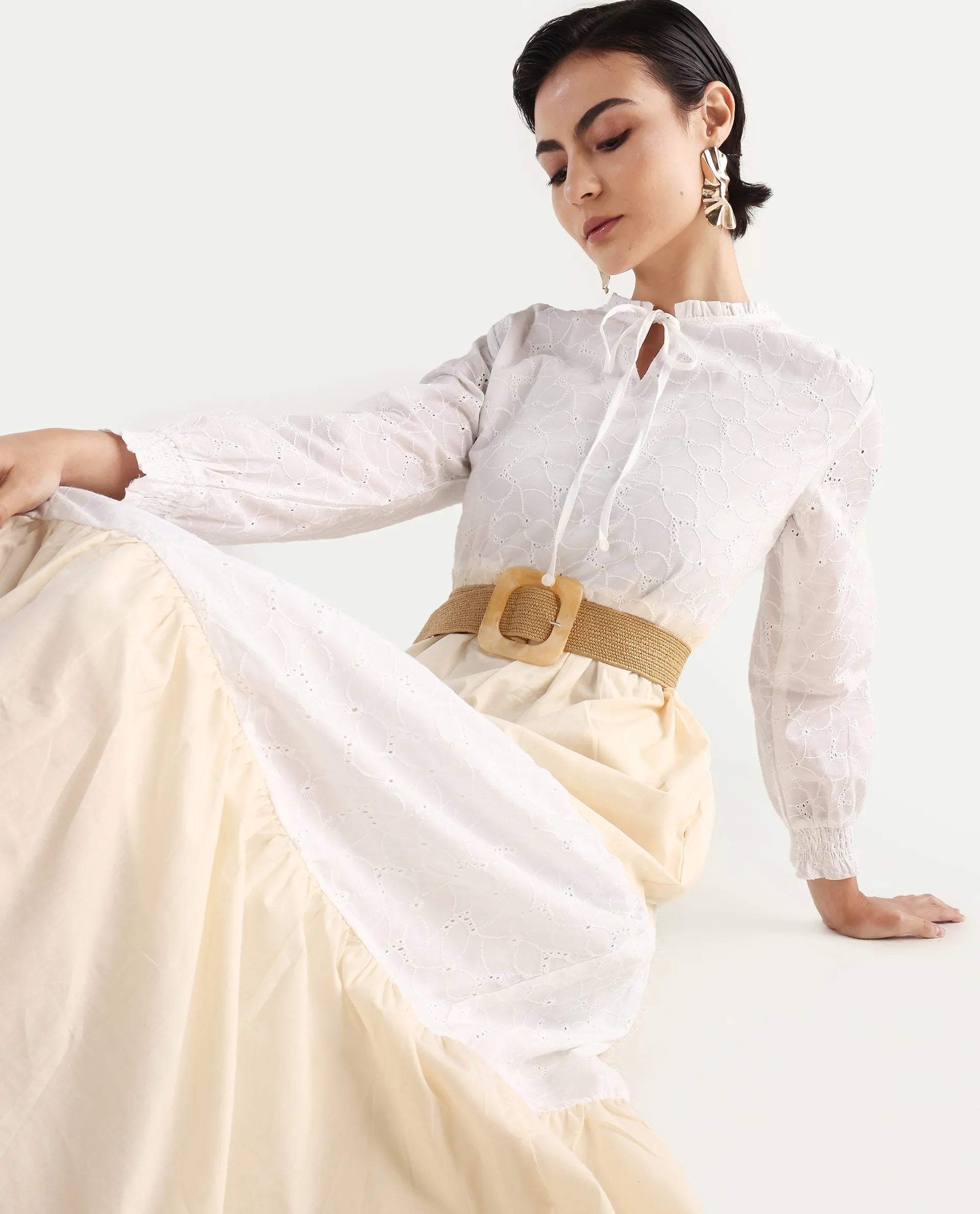 Rareism Women's Deccan Beige Cotton Sweetheart Neck Plain Bishop Sleeve Maxi Tiered Dress