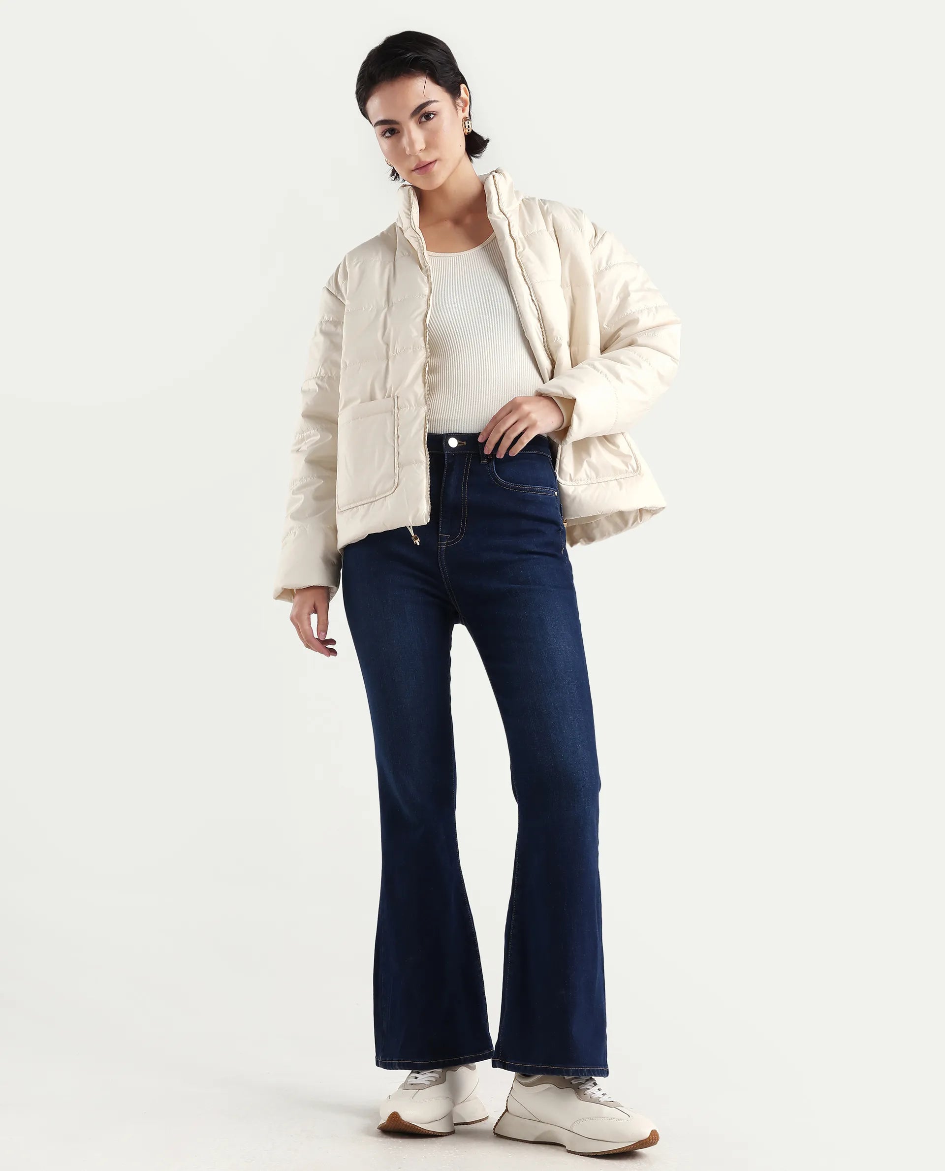 Rareism Women's Denfa Dark Blue Cotton Blend Bootcut Plain Jeans