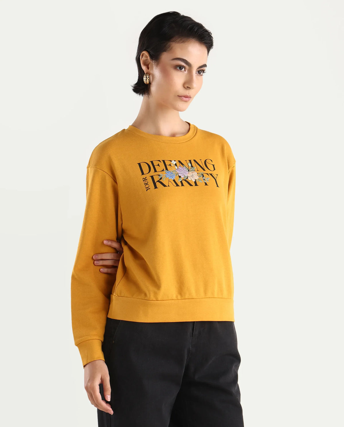 Rareism Women's Defni Dusky Mustard Cotton Blend Crew Neck Graphic Print Relaxed Fit Sweatshirt